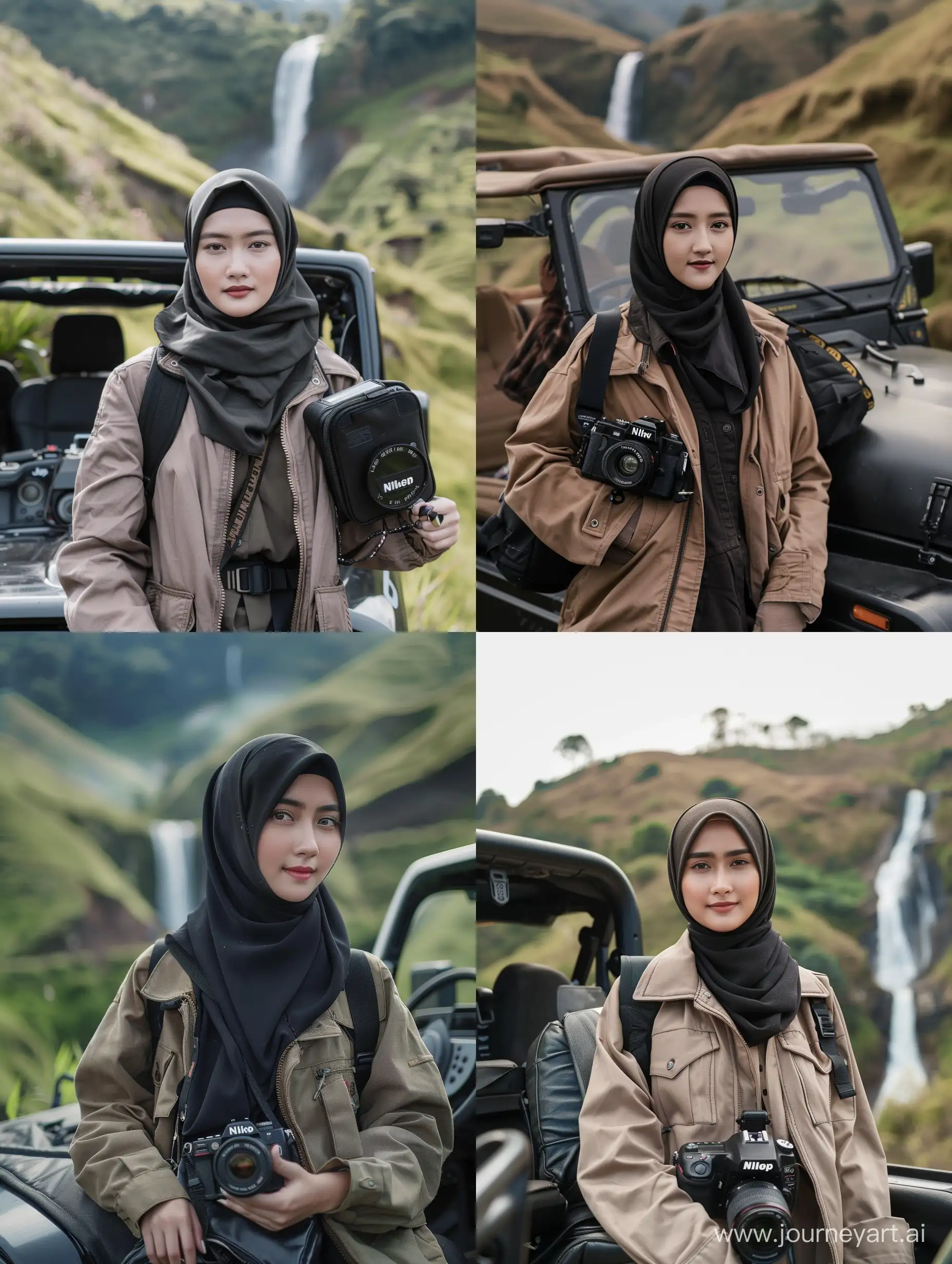 Beautiful Indonesian woman wearing Javanese hijab (25 years old, oval and clean face, ideal body, straight and neat black hair, Indonesian skin, wearing a trucker jacket and black bag, standing pose, photography style photo facing forward, sitting in a Jeep holding a Nikon camera , face visible, woman is on the hill behind her there is also a waterfall , bright ultra HD atmosphere, original photo, high detail, very sharp, 18mm lens, realistic, photography, Leica camera