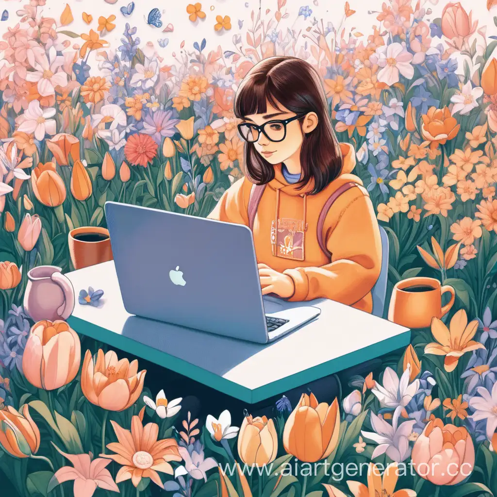 Девушка программист на 8 марта среди цветов