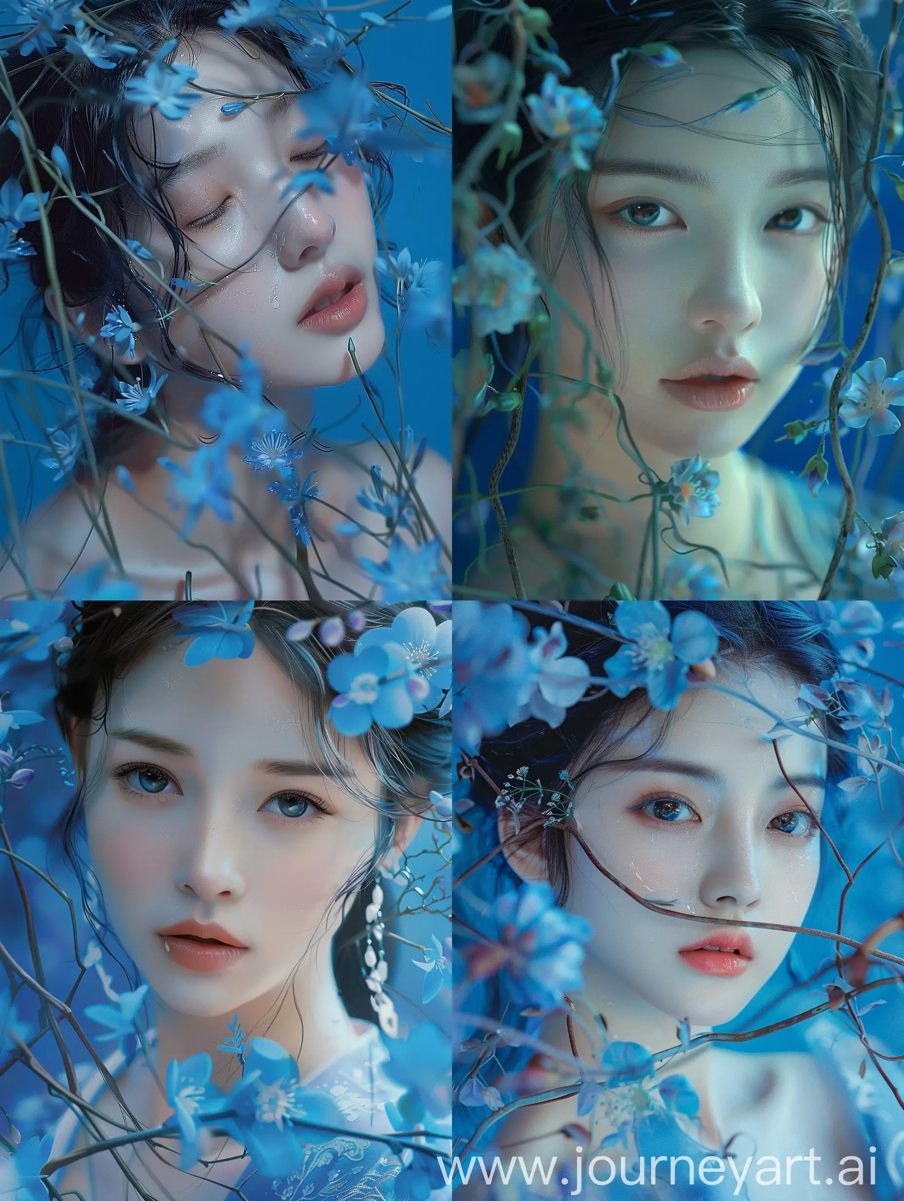 A beautiful Chinese woman, flower vines, blue color, master level, surrealism, close-up, poster