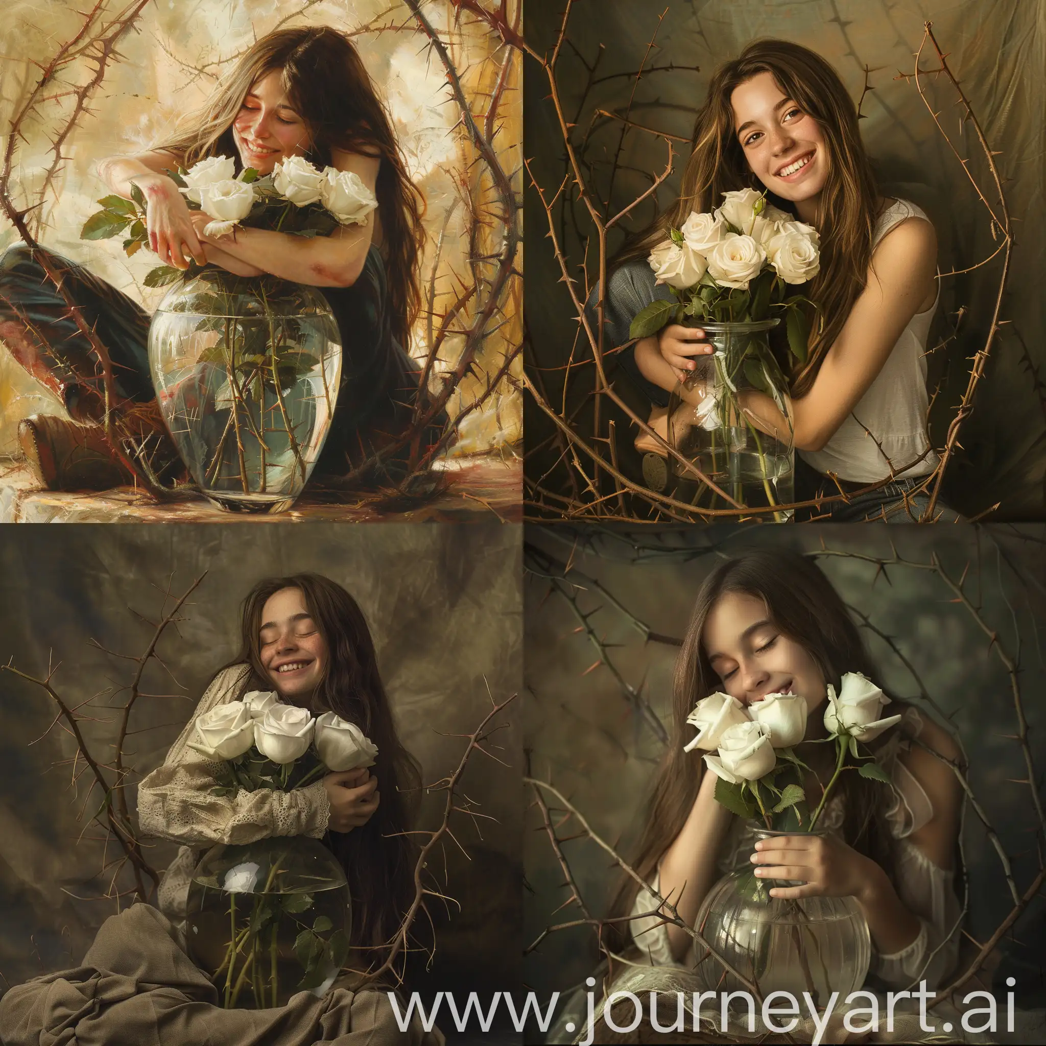 Young-Woman-Embracing-White-Roses-in-Glass-Vase-Amidst-Thorns