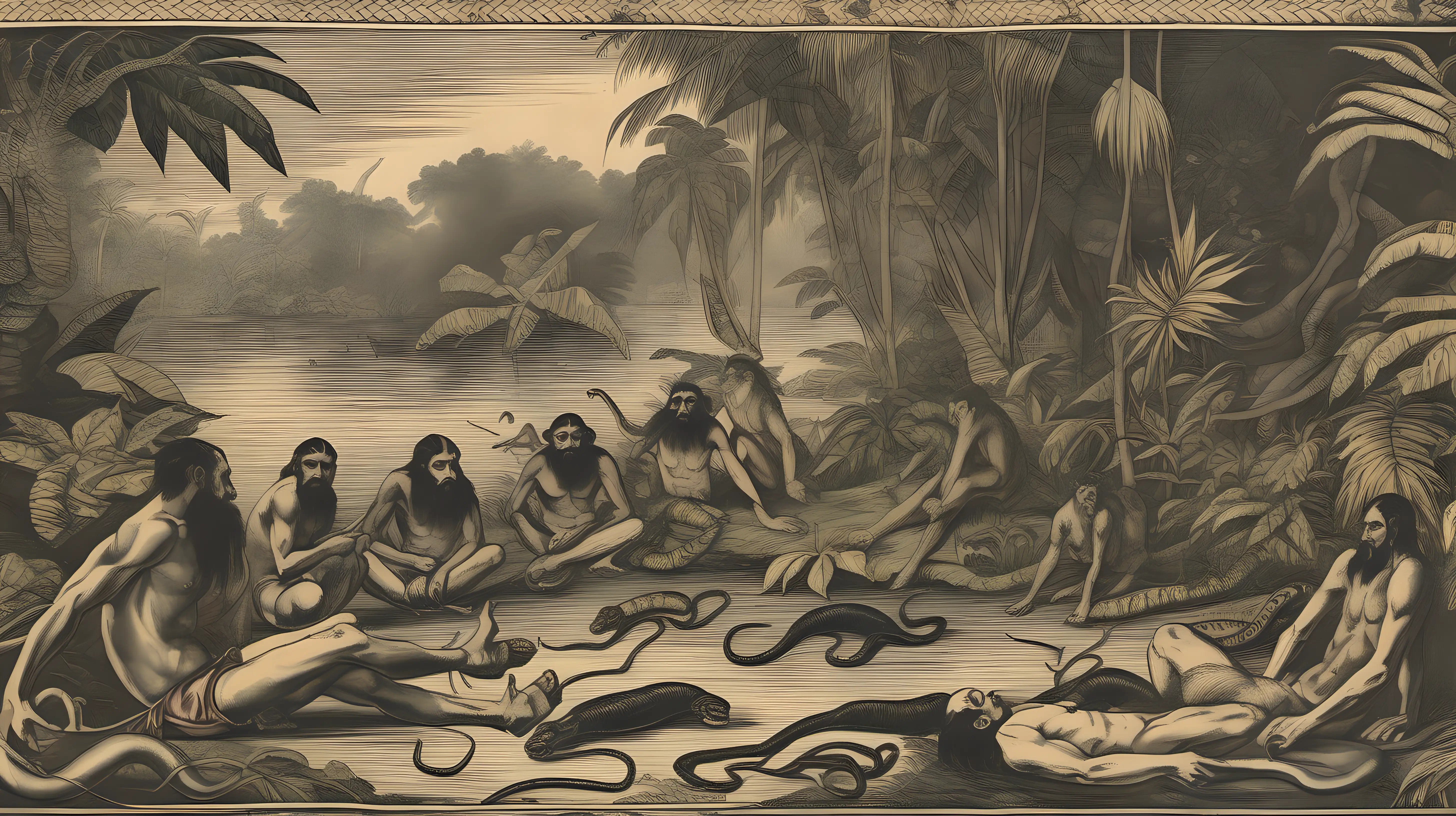 16th Century Spanish Man Resting by Amazon River with Shaman and Primal Figures in Theodore de Bry Style
