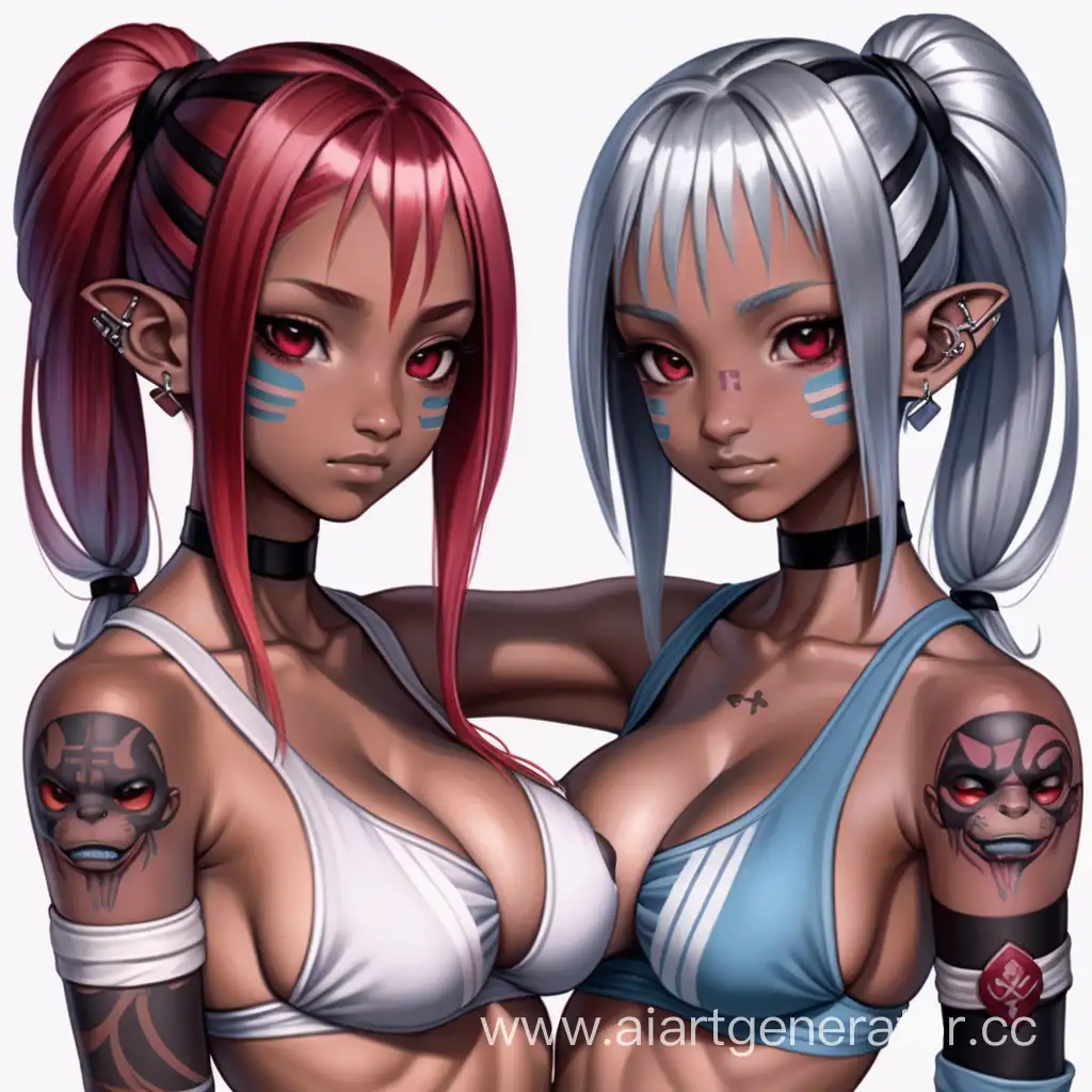 Avatar Girl Two Twins With Two Colors Silver and Crimson Hair Ruby Eyes Black Skin on the Left Eye Scar Like a Cut on the Left Arm Tattoo Bandages in the Breast Area For Japan