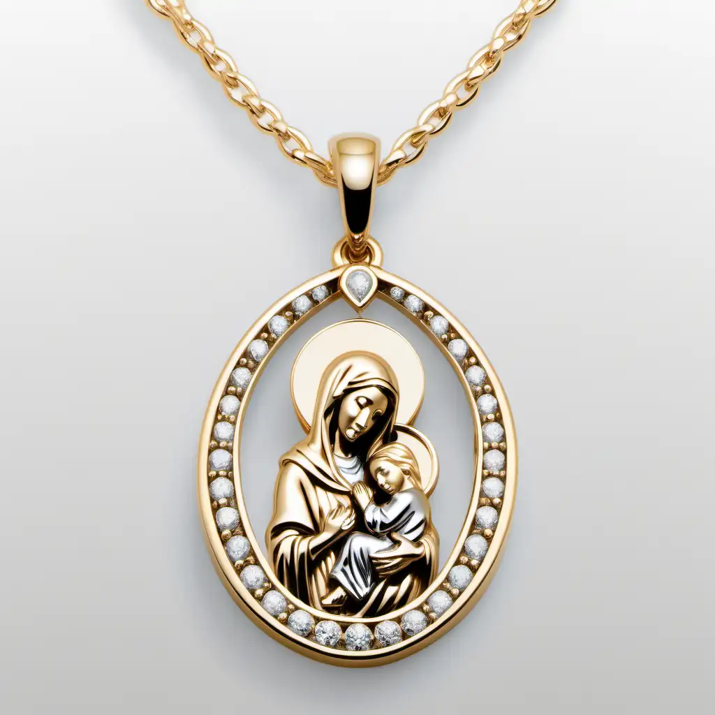 design a 14k diamond mother Mary d pendant in a gentle and embracing pose, symbolizing her maternal love and protection.