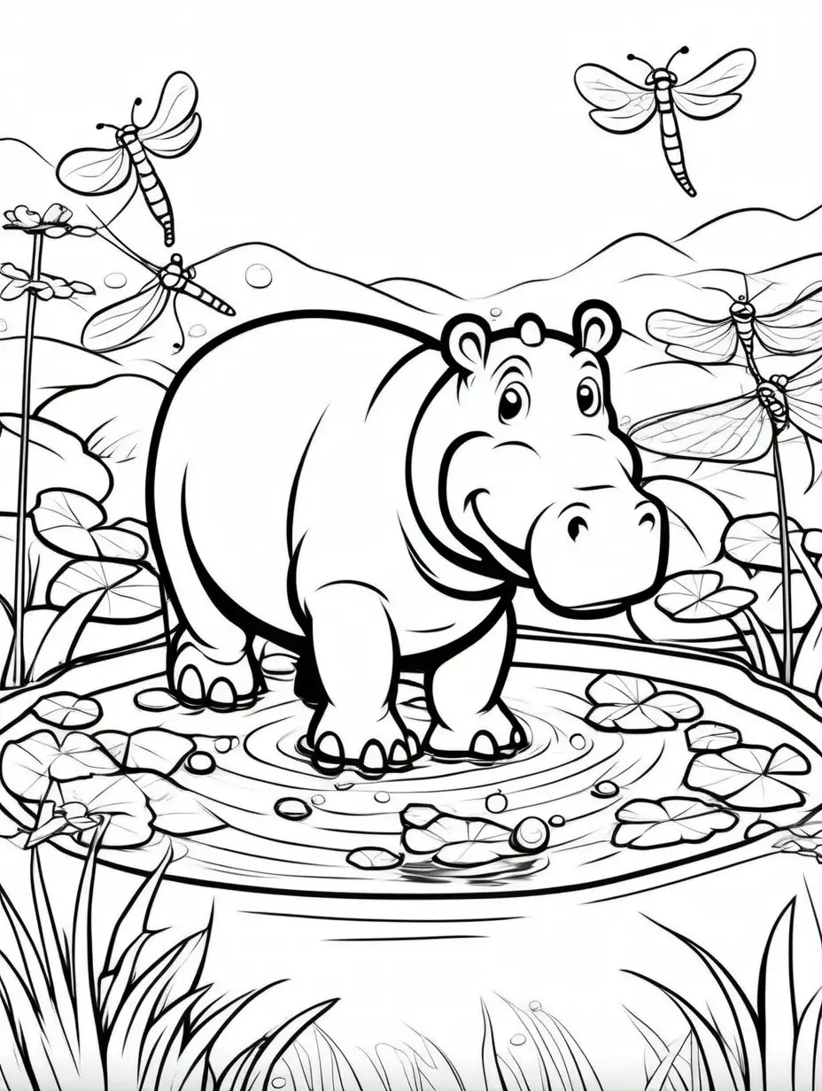 Adorable Cartoon Hippo in a Pond Surrounded by Dragonflies Coloring Page