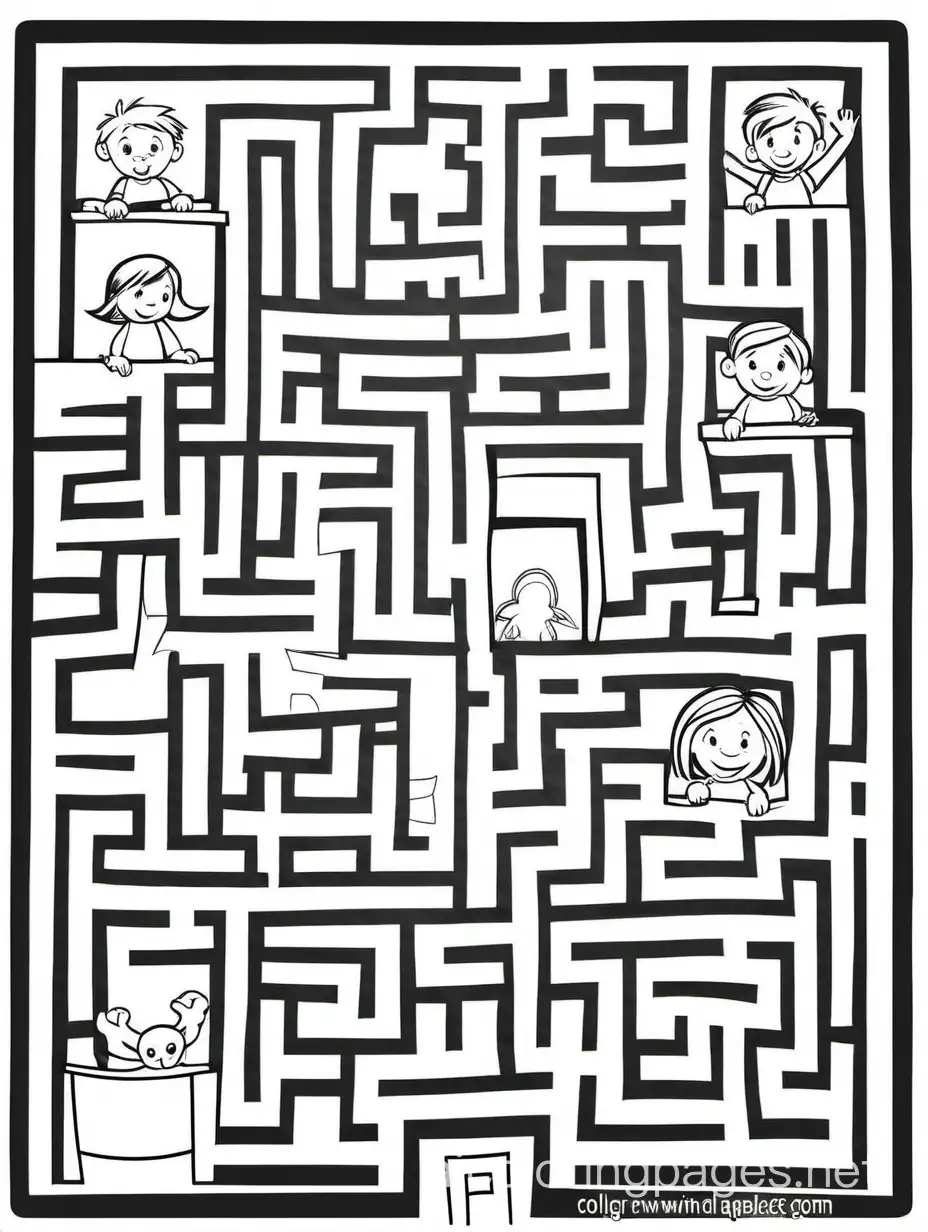 Draw a maze on a white sheet of paper with an entrance and an exit (horizontal view), Coloring Page, black and white, line art, white background, Simplicity, Ample White Space. The background of the coloring page is plain white to make it easy for young children to color within the lines. The outlines of all the subjects are easy to distinguish, making it simple for kids to color without too much difficulty