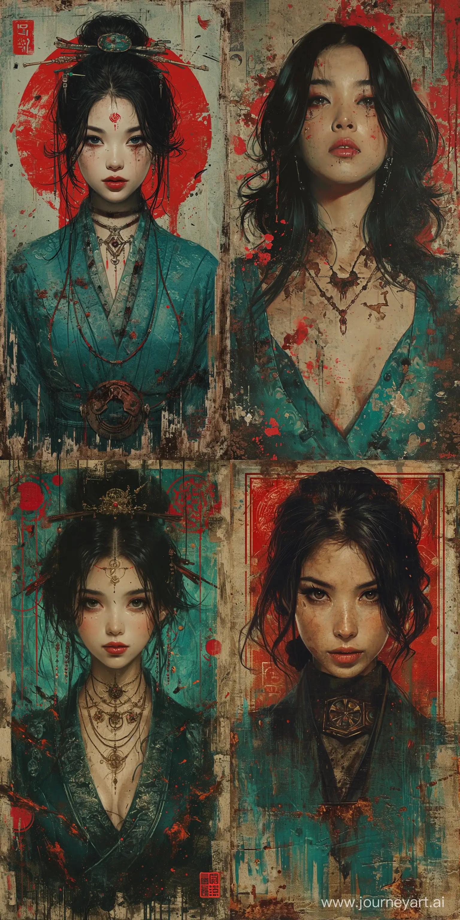 A painting of an Asian woman, in the style of precisionist art, meticulous design, highly detailed illustrations, dark turquoise and red, rusty debris, eye-catching tags, flickr --ar 1:2 --stylize 750 --v 6