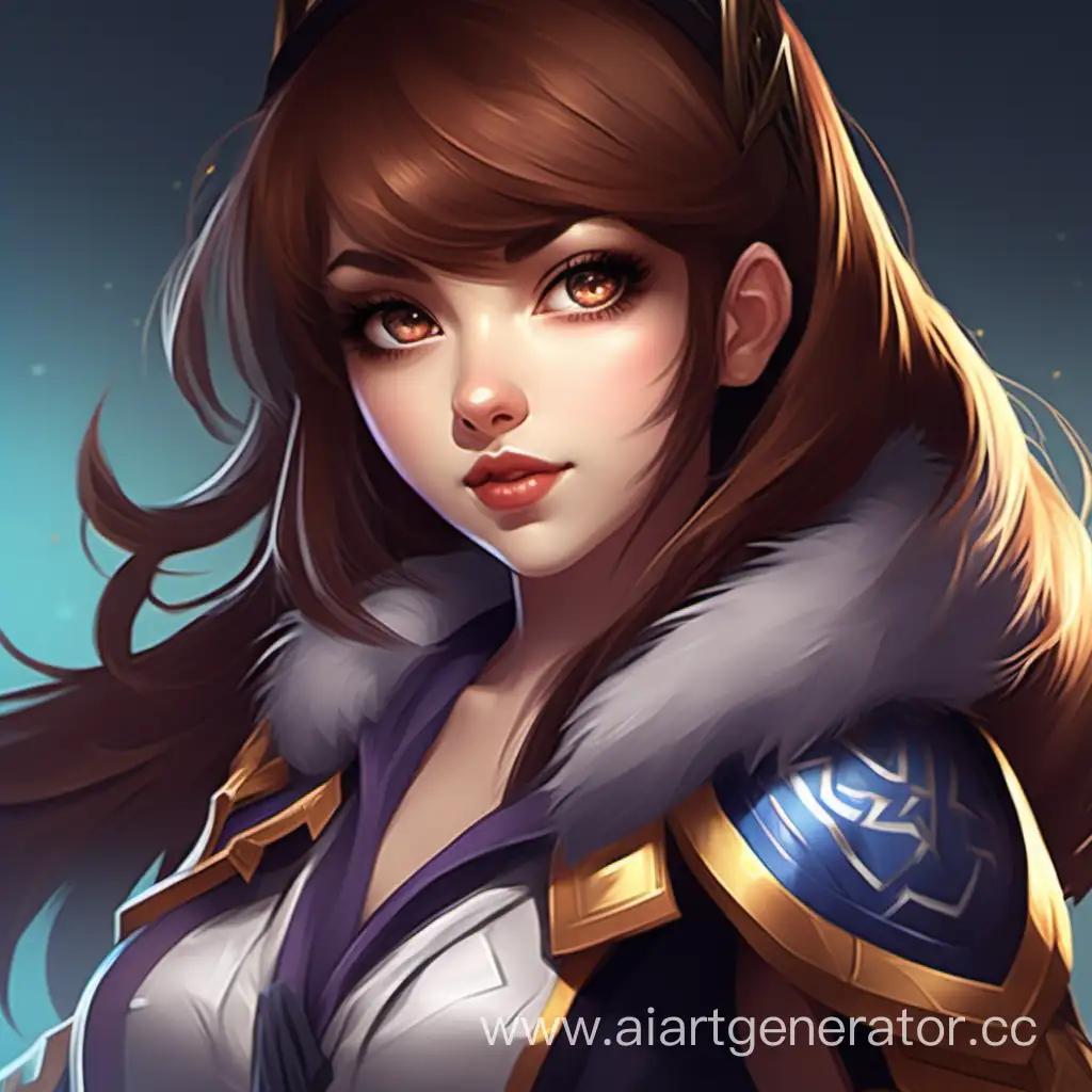 girl in the style of League of Legends characters with brown hair and bangs and gray eyes