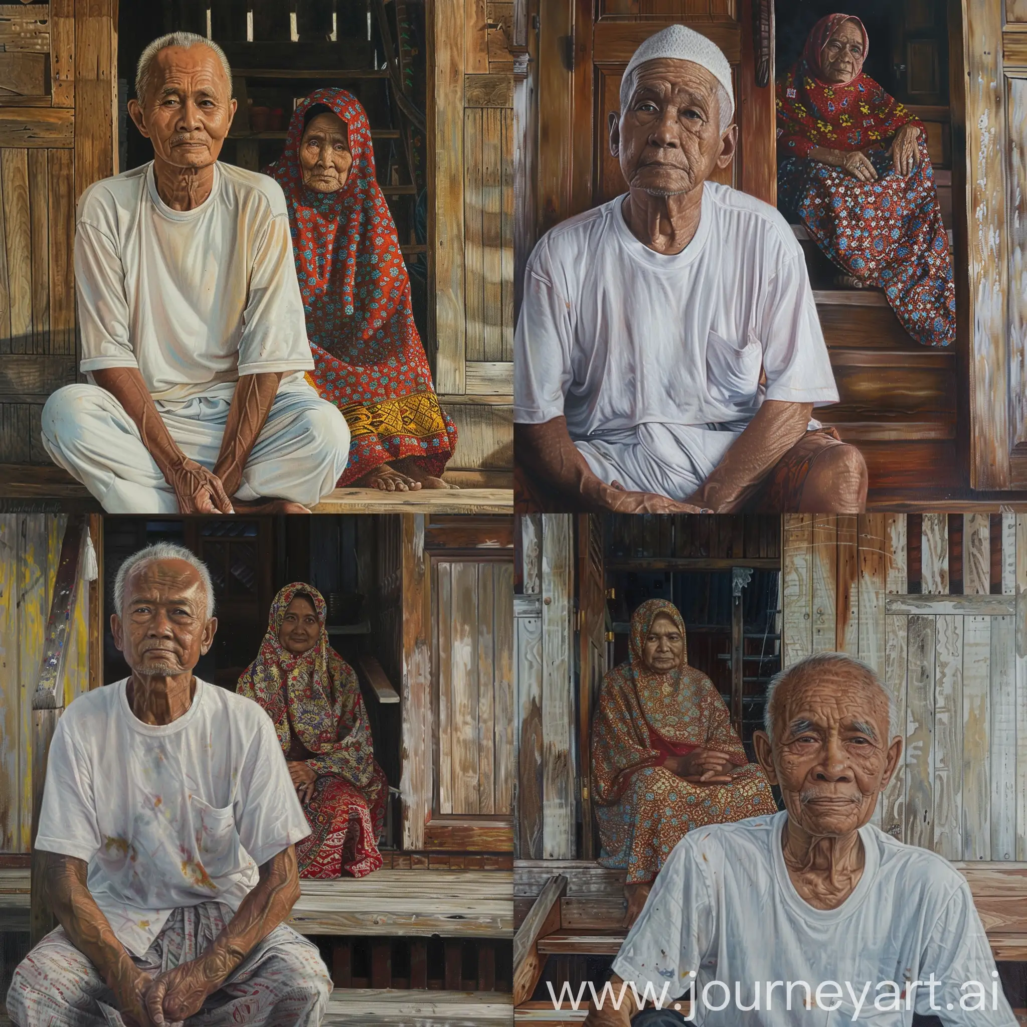 an Old Malay man. wearing a white songkok. wearing a white t-shirt. wear a square-patterned sarong. sitting cross-legged in front of the door. an old Malay woman. hijab wearing a baju kurung patterned with small blue flowers. wearing red batik fabric with a yellow flower pattern. sitting on the stairs. wooden house. Oil painting technique 
