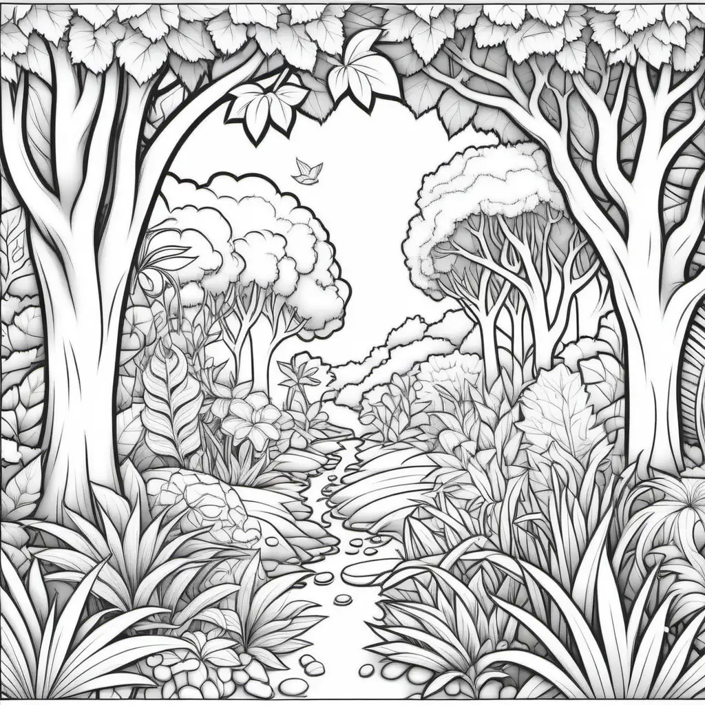 coloring book for kids, non colored garden of eden with empty space in the middle, clean vector art,