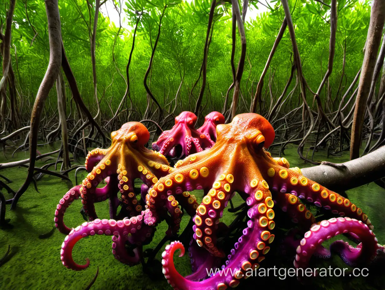 Brightly coloured octopuses in a mangrove swamp.