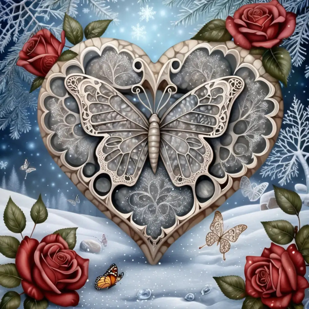  petoskey stone, beautiful wintery background, heart, butterfly, roses, filigree, glitter, sparkle, glowing