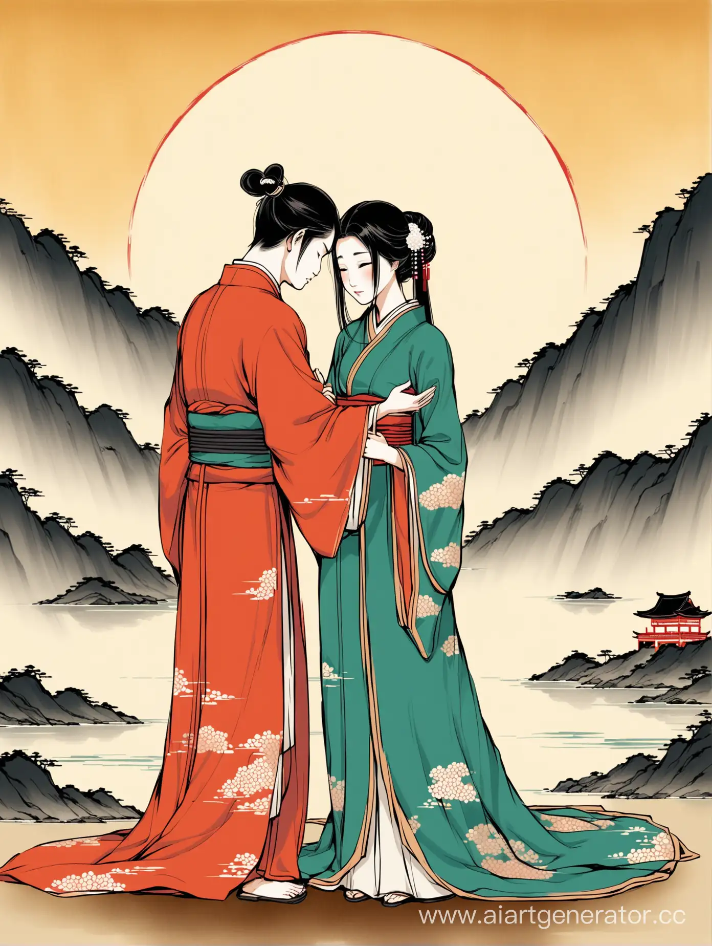 Грустная азиатская пара прощается друг с другом, в стиле традиционной азиатской живописи
