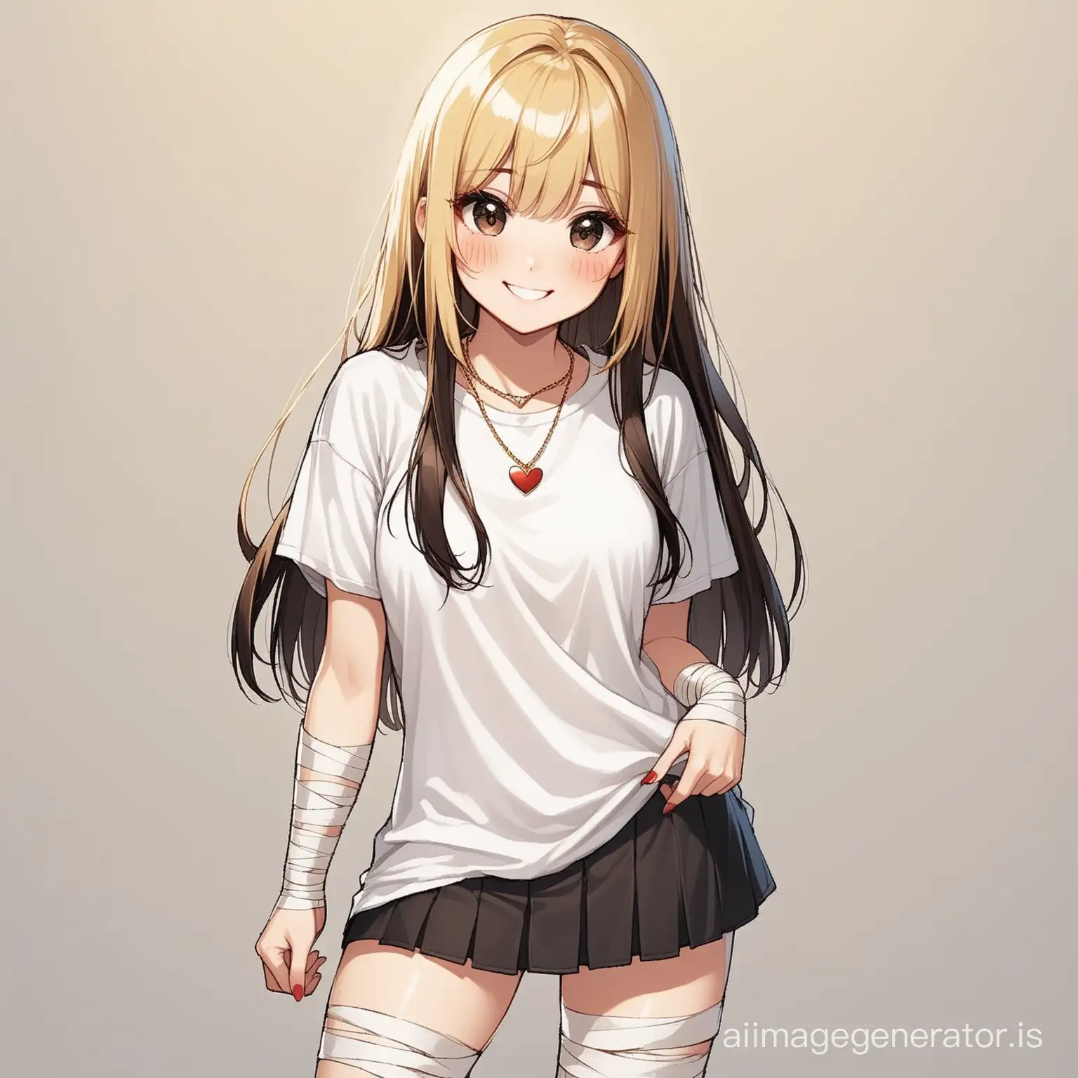 Girl with long dark-brown hair, has blonde strands, big black eyes, red eyeliner, smiles, blush, bangs, necklace, baggy white t-shirt, has bandages on her forearms, mini black skirt, high thighs
