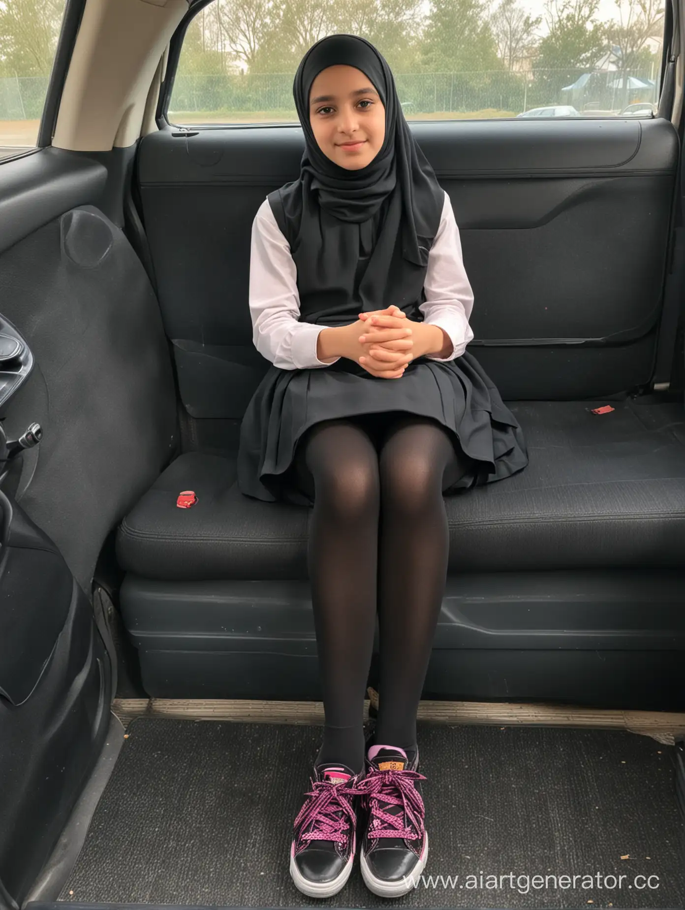A little girl, 12 years old, hijab, mini school skirt, sport shoes, school uniform, black opaque tights, in car, crossed legs