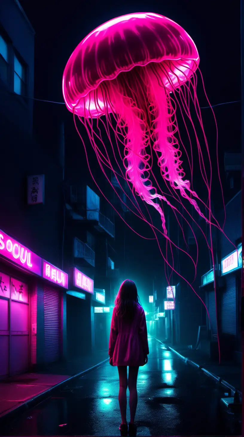 Lonely Night Encounter Neon Pink Girl and Flying Jellyfish in a Dark City