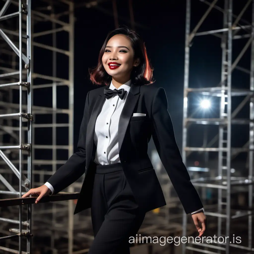 t is night. A stunning and cute and sophisticated and confident indonesian woman with shoulder length hair and  lipstick is walking toward the edge of a scaffold. She is wearing a black tuxedo with a black jacket. Her pants are black. Her shirt is white. Her bowtie is black. Her shirt buttons are black and shiny. Her cufflinks are black. She is smiling and laughing. She is relaxed. Her jacket is open.