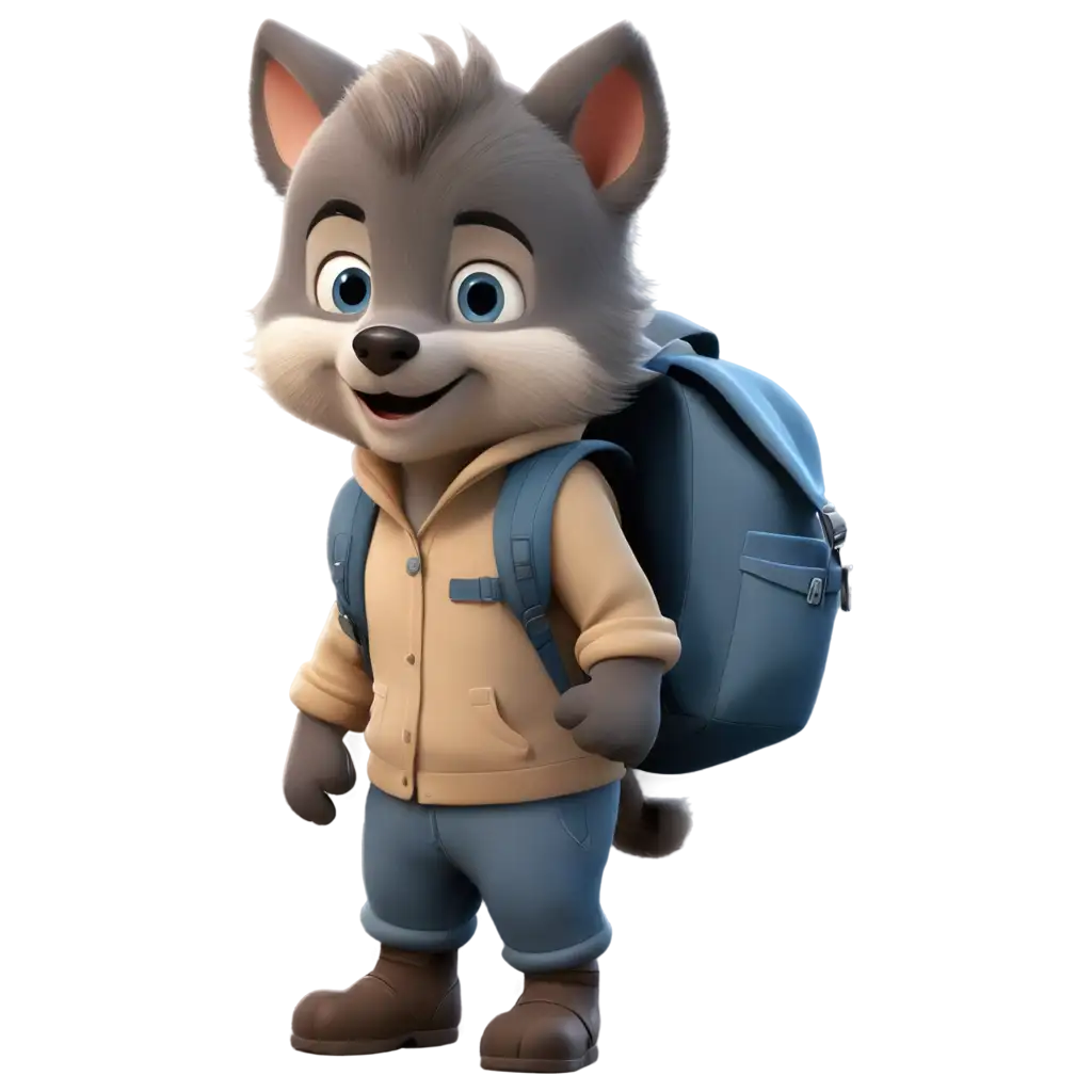 An 2d illustration of a cute wolf baby, with blue eyes, Small size, carries a backpack with an elegant smile.
