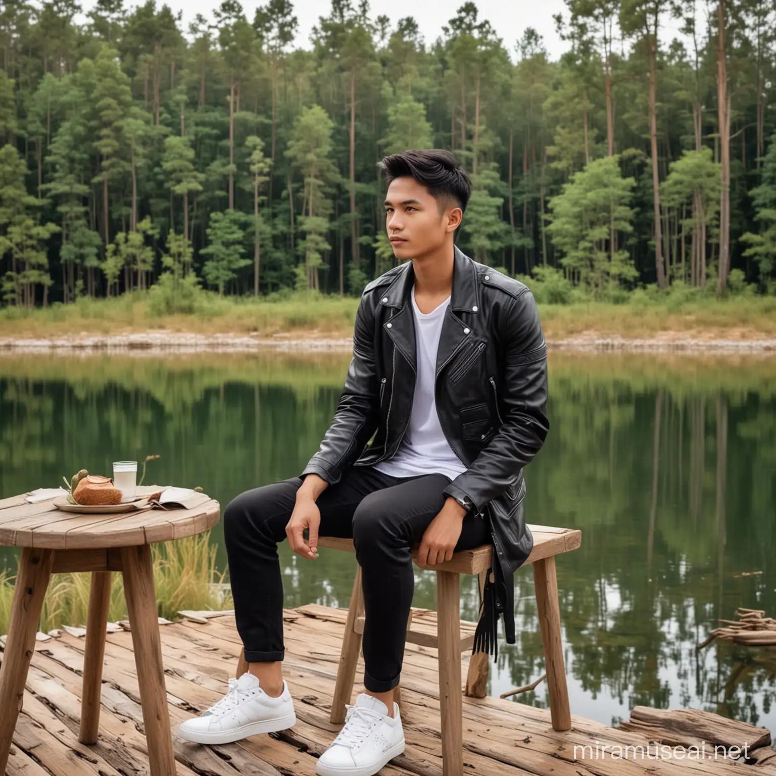 
Handsome man from Indonesia, short hair parted neatly to the side, round face, height 170, weight 70, full body, wearing a white t-shirt, black leather jacket, white shoes, sitting on a wooden chair, with girlfriend, with a pine forest and lake in the background
