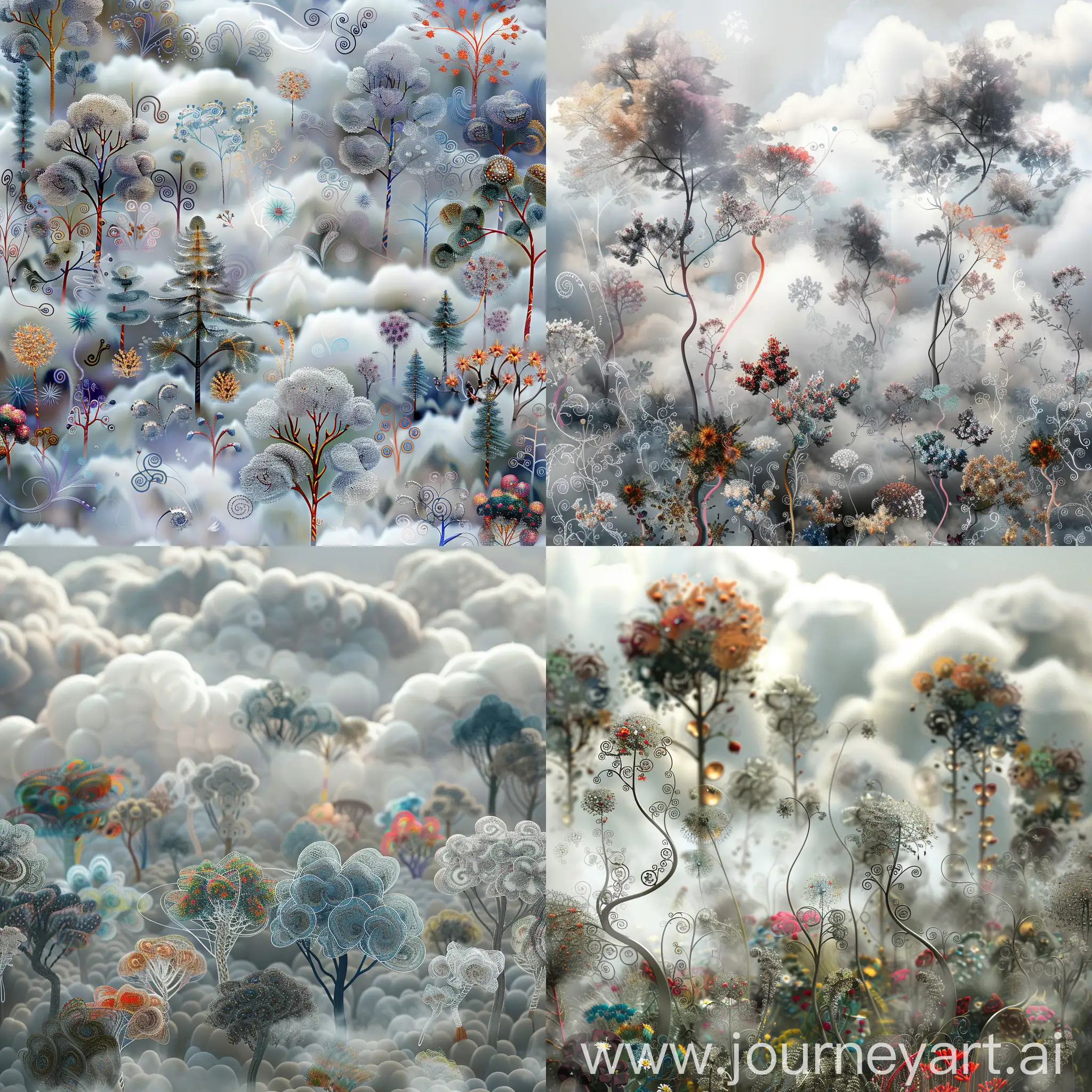 A picture of clouds and fog. Forest filigree plants, many colorful trees, small flowers, ornamental grasses; many details, delicate sensuality, high quality, super detailed, transparent, muted, calm colors gray, gray-blue, gray-violet, backlight, contrast, clear lines, surrealism, mystical, psychedelic, alien, complex pattern, ornaments, swirls, swirls and threads, fibers