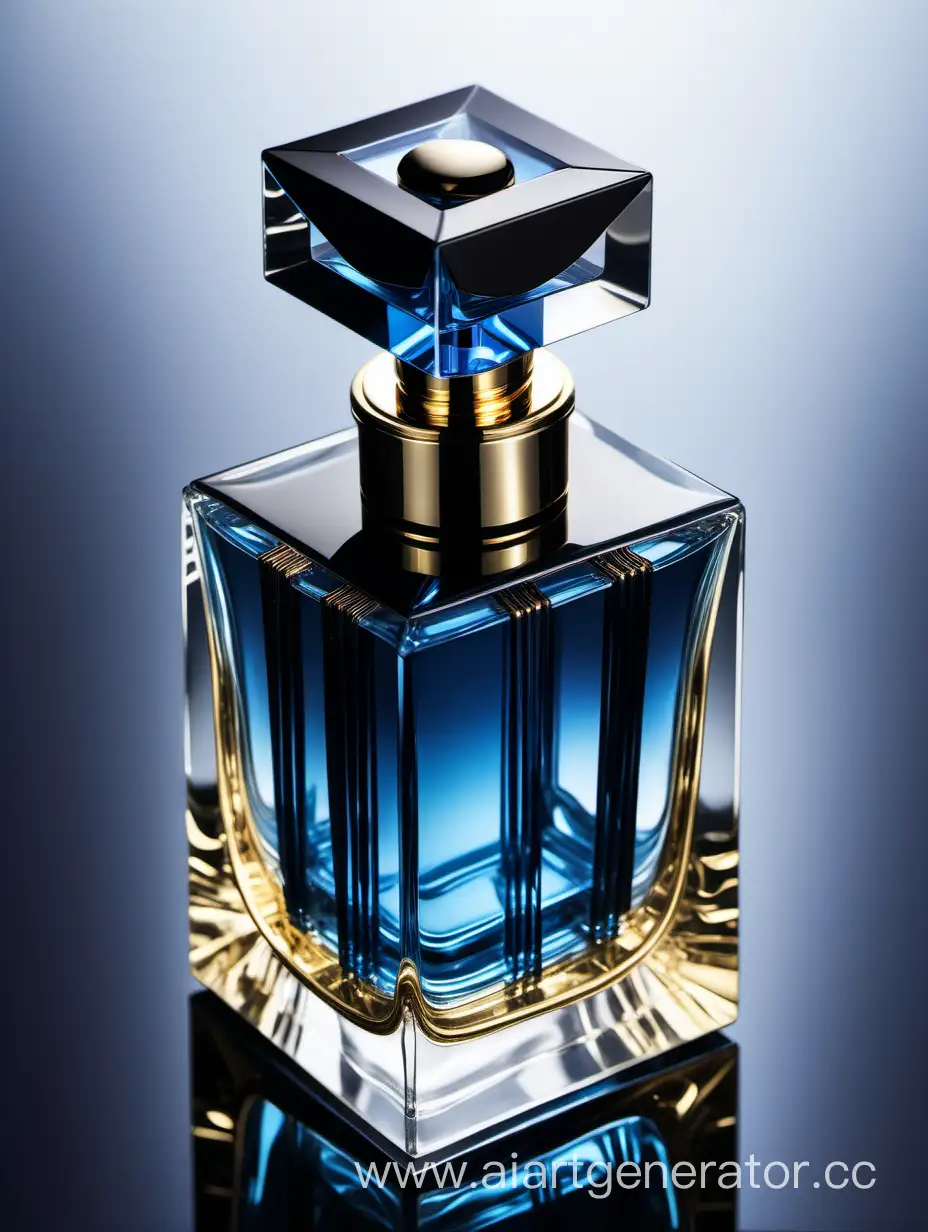 a crystal clear perfume bottle made of blue ,black and gold
transparent