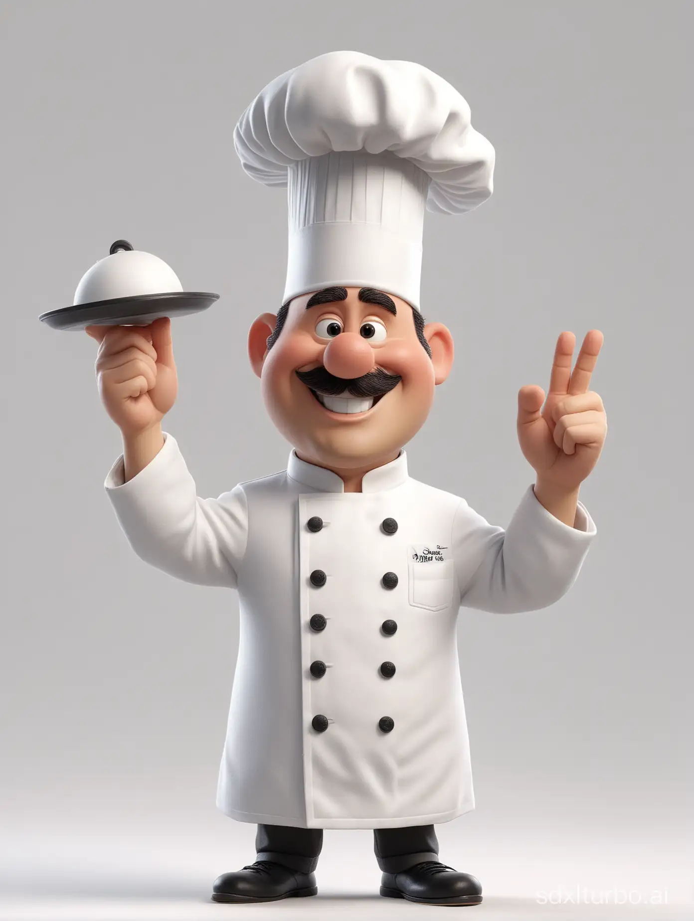 Quality: 8k, Disney-style, chef, white background, detailed depiction of chef in classic chef outfit and white chef hat, expert cooking gestures.