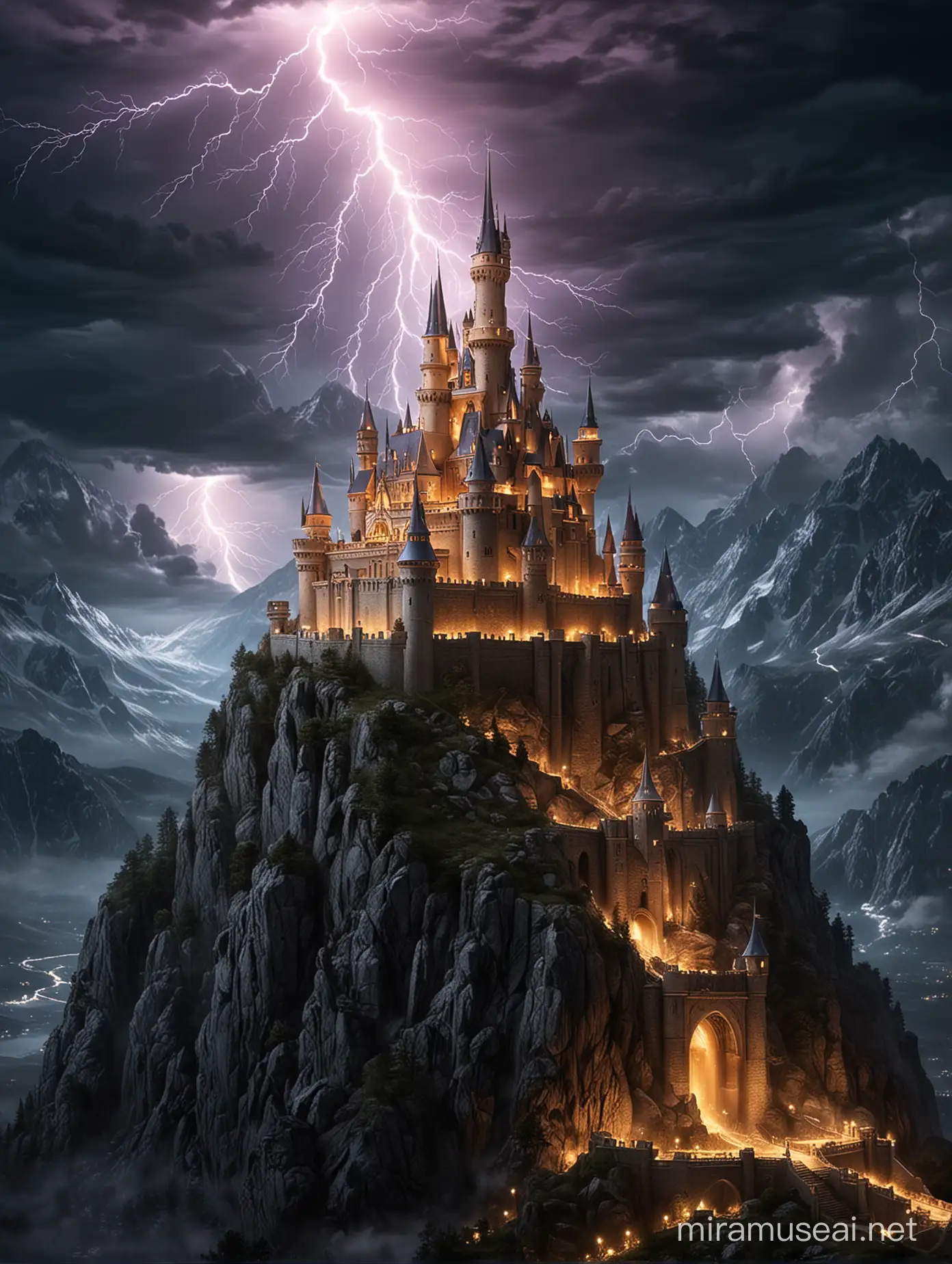pic of  a lighting castle it will be sturk by lightning and it is fantasy and it will be in the mountains