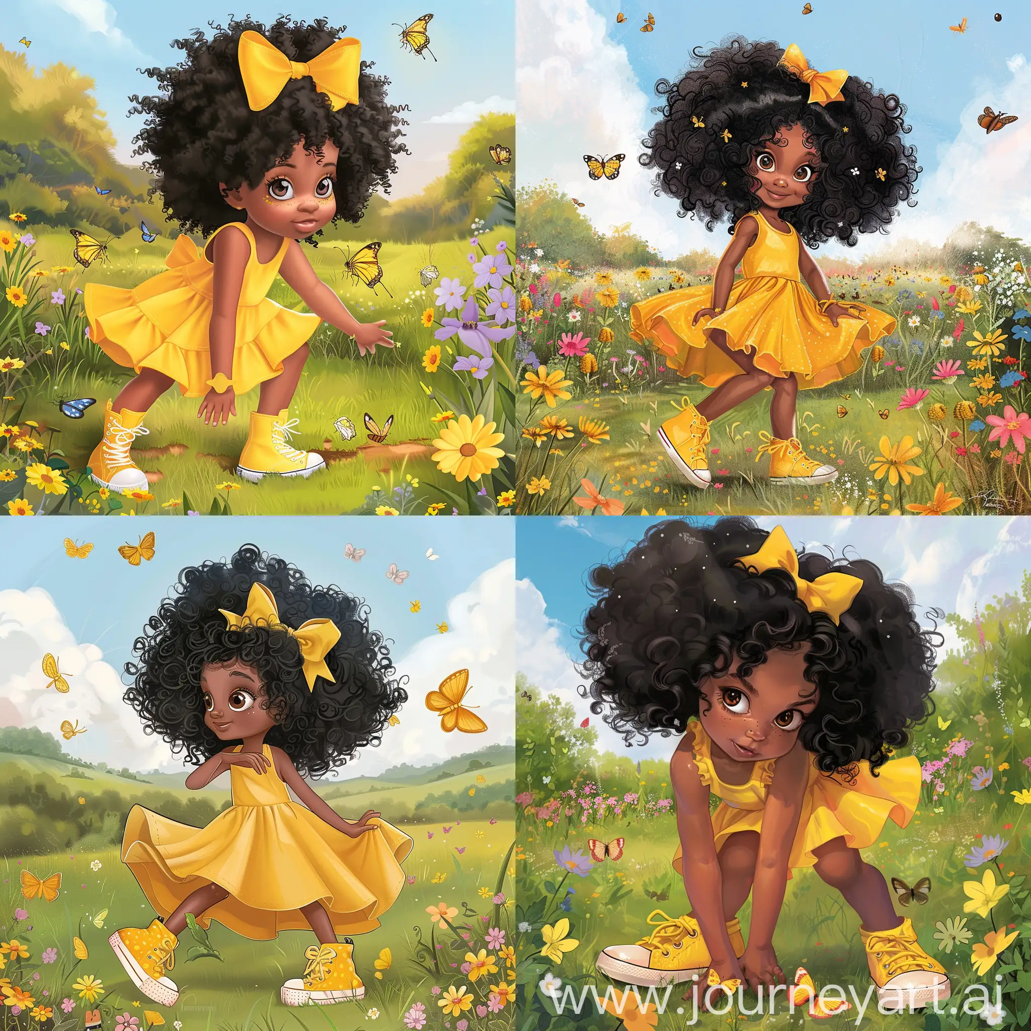  standing full body, 7 year old black girl with big beautiful black curly afro hair,sleeveless sunnyYellow dress,Yellow high top shoes,Yellow Hair bow and Brown Eyes, playing in of field of butterfiles and flowers children's book illustration