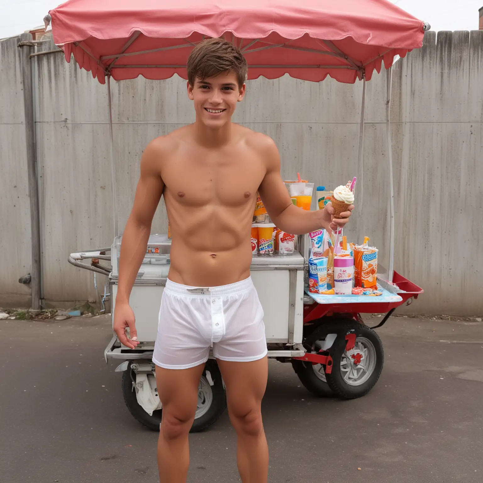 selling popsicles  from a big ice cream cart, tiny brief very short white transparent mesh tiny tight short-short boxer shorts , white flip flops, a small thin young shirtless 18-year old boyish cute  slim fit little  freezing cold smiling servile slave-boy , looking up, sharply defined abdominals, , , bare thighs, tanned feet and  nicely manicured toes