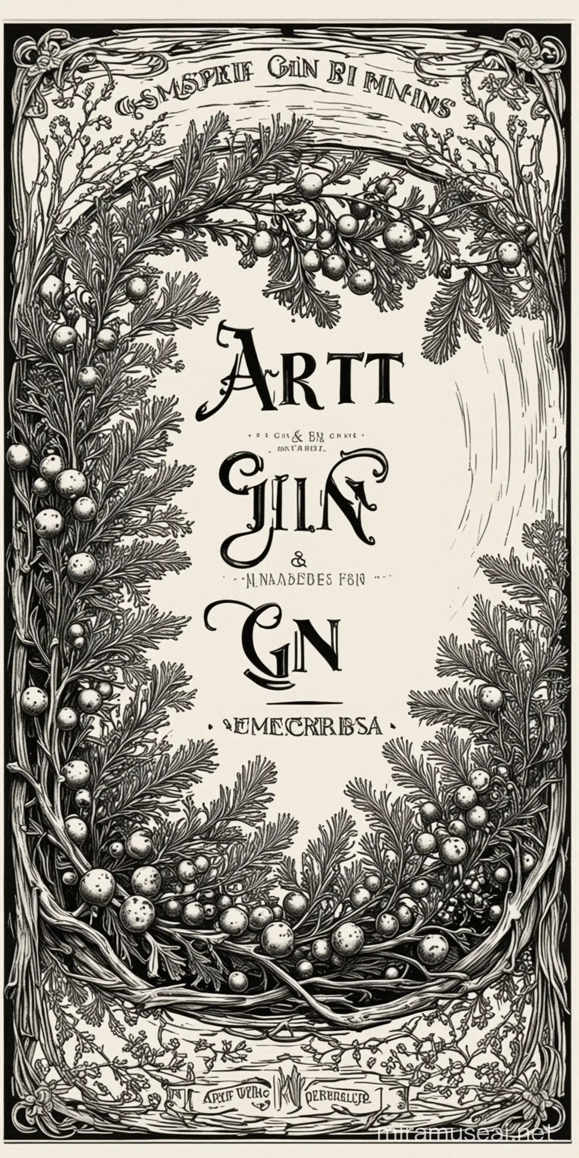 art nouveau gin label with juniper berries in black and white engraving style