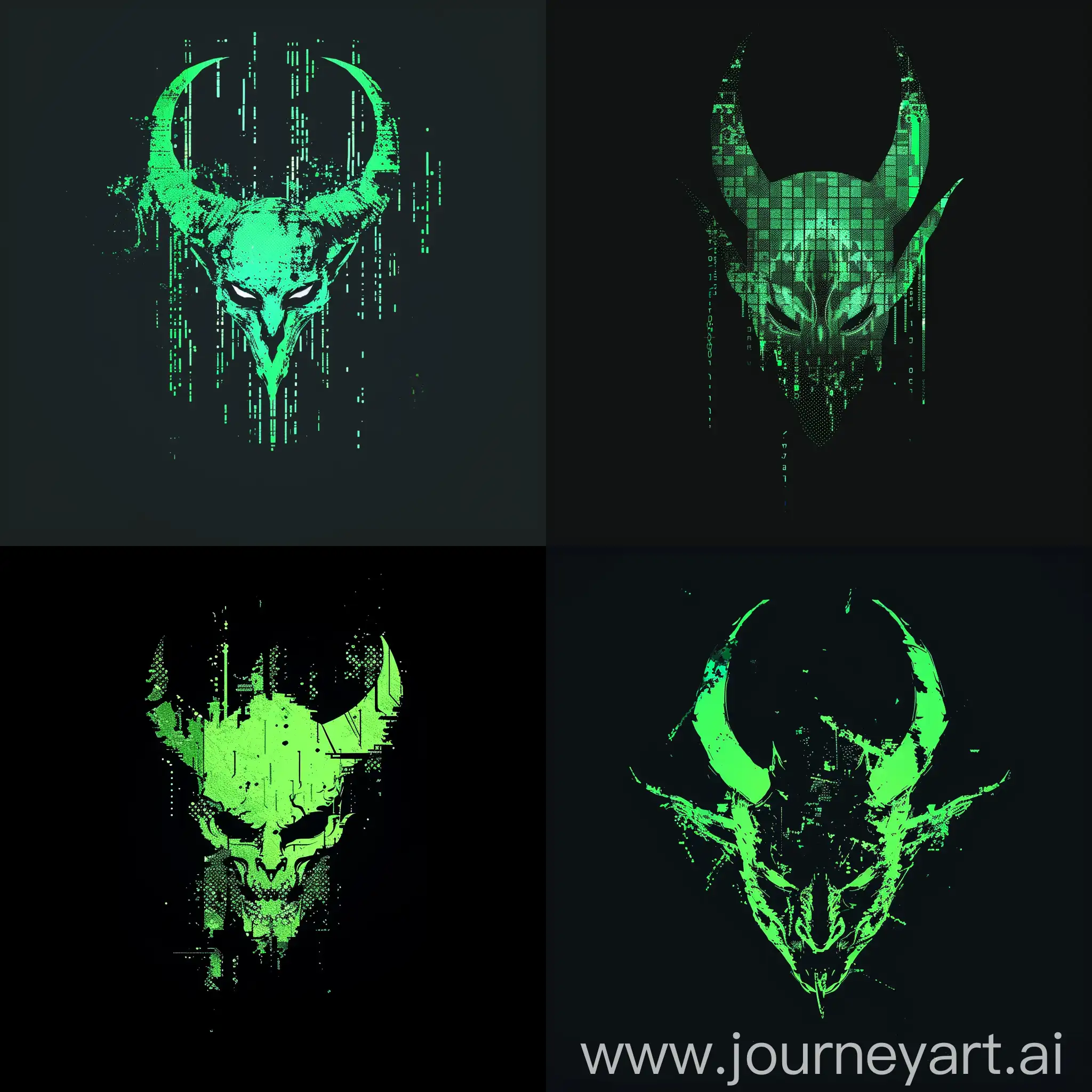 User A a minimalistic devil head silhouette, with a centralized position, in vibrant green colors. The design incorporates elements of digital devilry and cyberpunk aesthetics, with glitch effects adding a futuristic and edgy feel. The devil head is the focal point of the image, standing out against a clear black background that enhances its visual impact. The overall style is minimalistic, but catchy. Despite glitches, the silhouette must have a clear outline.