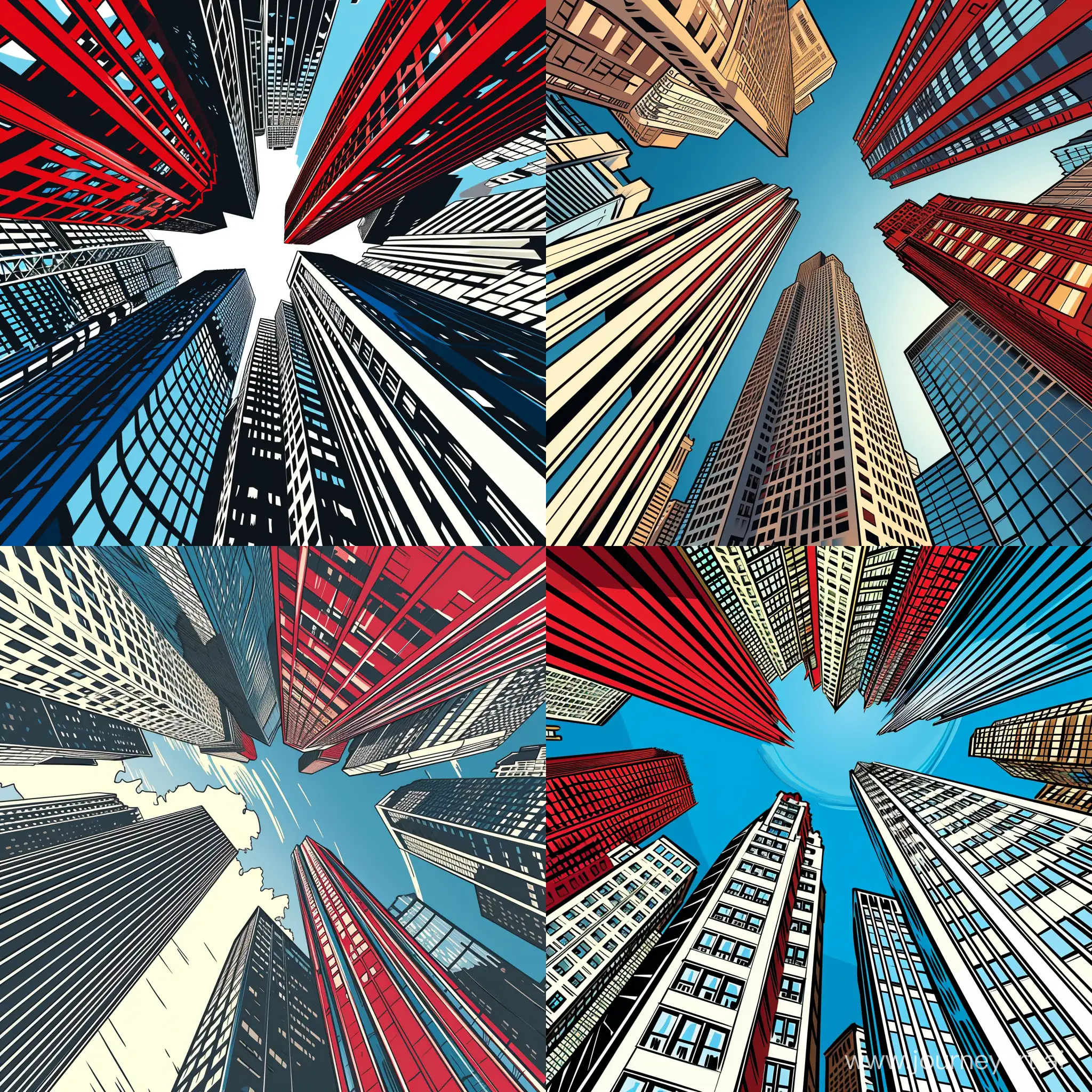 Skyscrapers Wallpaper, Comic Book Style, Colors: White Blue Red, Adobe Illustrator Software, Raw Style, High Precision