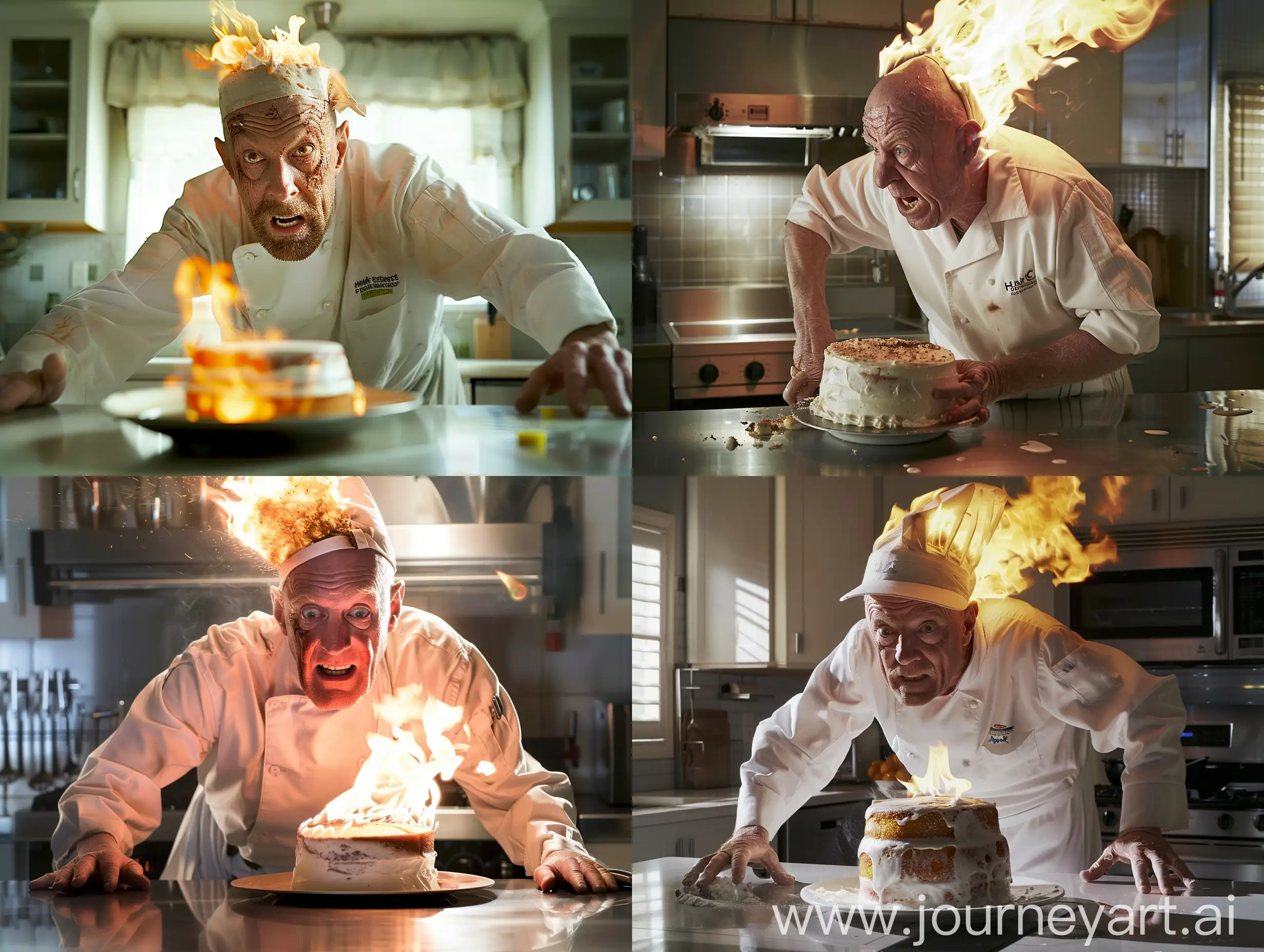 Hank Schrader (played by Dean Norris) in Breaking Bad, Hank Schrader is trying to put the cake in the oven, Hank Schrader's cooking hat is on fire. Hank Schrader wearing white cooking clothes, Hank Schrader's face is scary, kitchen background, clear, modern lighting, real, q2