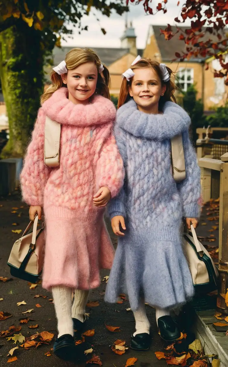 department store catalog, 12 year old girl and her 10 year old sister are modeling identical, thick knit, warm and very fuzzy pink and blue mohair turtleneck sweaterdresses. oversized turtleneck collar. wool tights, long dress. oversized fit. flared skirt. the yarn has a very soft and fluffy appearance. outside at school