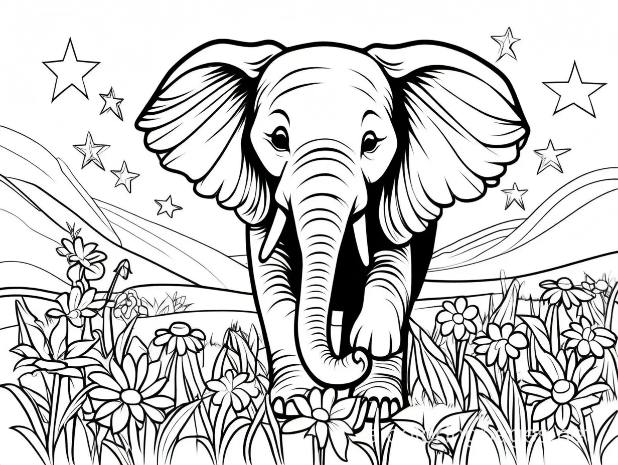 medium elephant in the field with flower and floral some star coloring page, Coloring Page, black and white, line art, white background, Simplicity, Ample White Space. The background of the coloring page is plain white to make it easy for young children to color within the lines. The outlines of all the subjects are easy to distinguish, making it simple for kids to color without too much difficulty