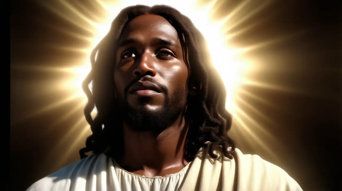 create thumbnail showcasing the divine comfort of Jesus Christ. make images African American. have divine light surrounding Christ, compassionate face reflecting tenderness towards mankind showing hope,  4k--ar 16:9