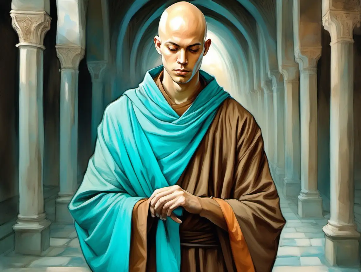 young bald monk, light brown light blue cyan tunic, monastery, Medieval fantasy painting