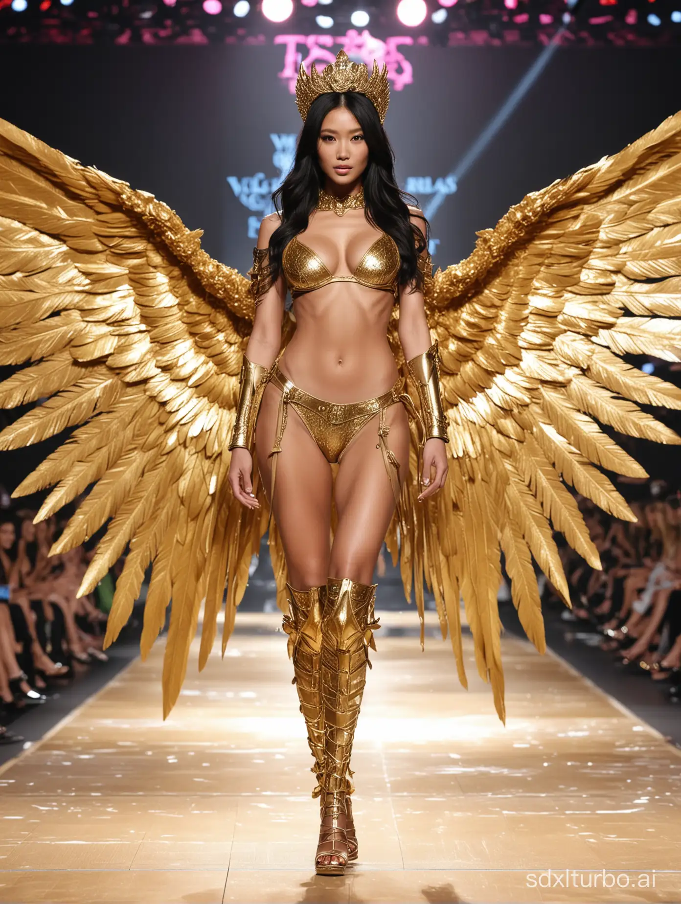 The model of the Victoria's Secret show, 180 cm tall, wearing golden bikini armor, long legs, East Asian ethnicity, on the runway, with big wings, black long hair, big eyes, small breasts, facing forward, able to see the position of the shoes from head to toe, Its exceptional quality and attention to detail.