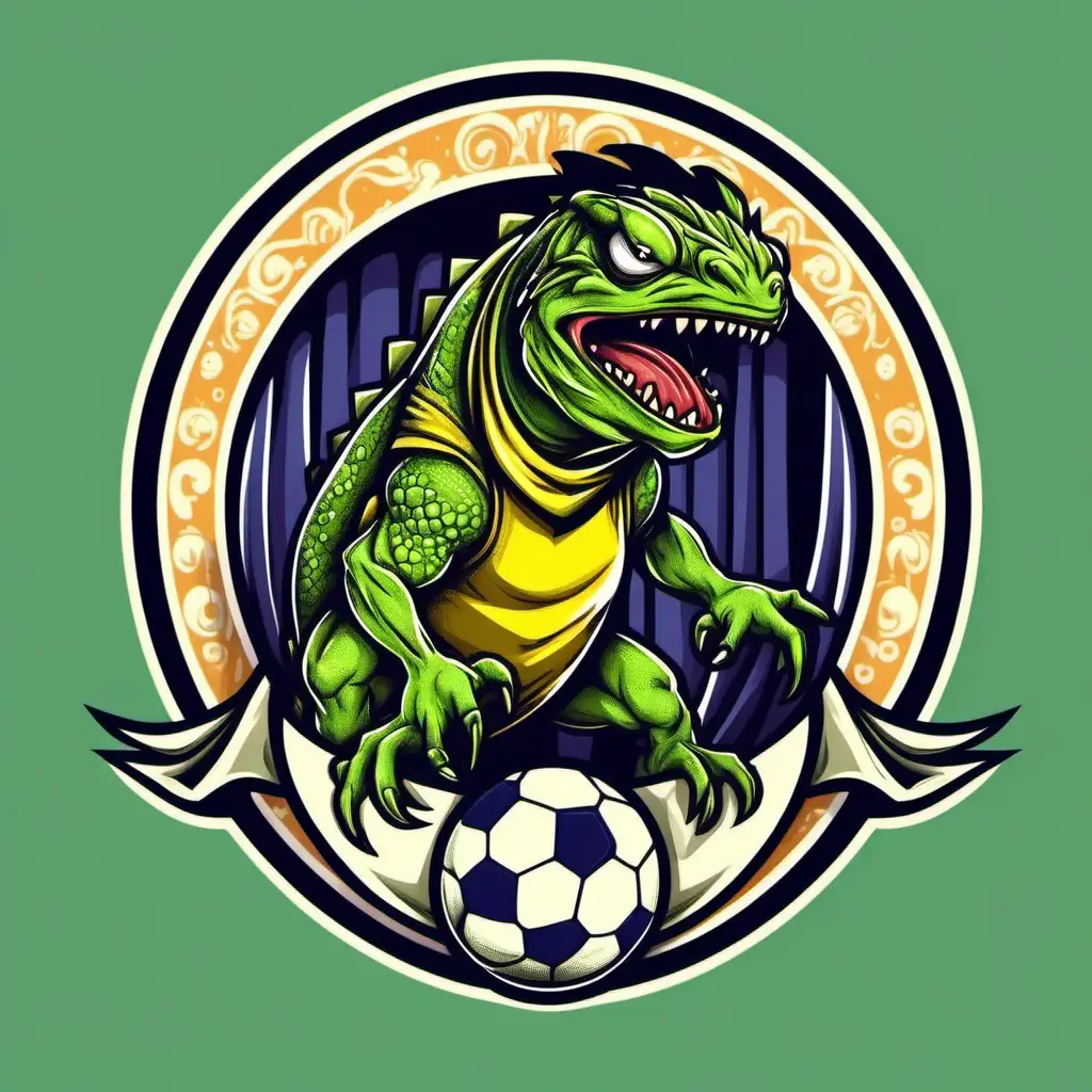 Angry lizard with curtains haircut coming out of an egg in the style of a soccer badge
