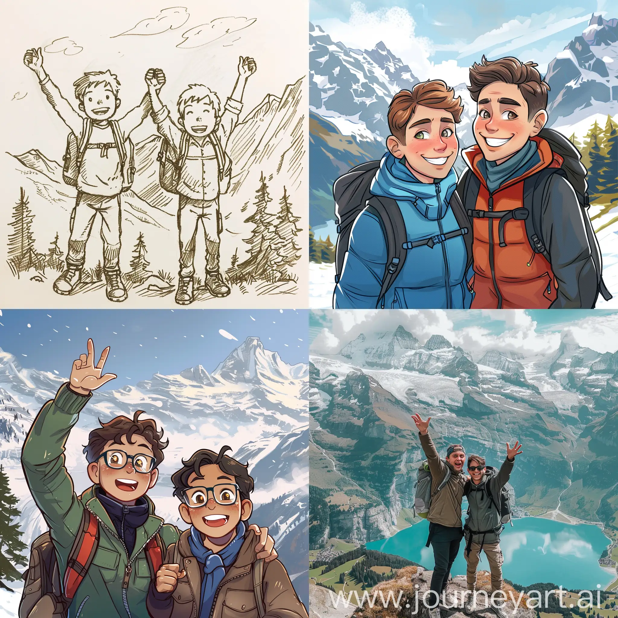 Нарисуй двух счастливых братьев которые добрались до красивых мест Швейцарии