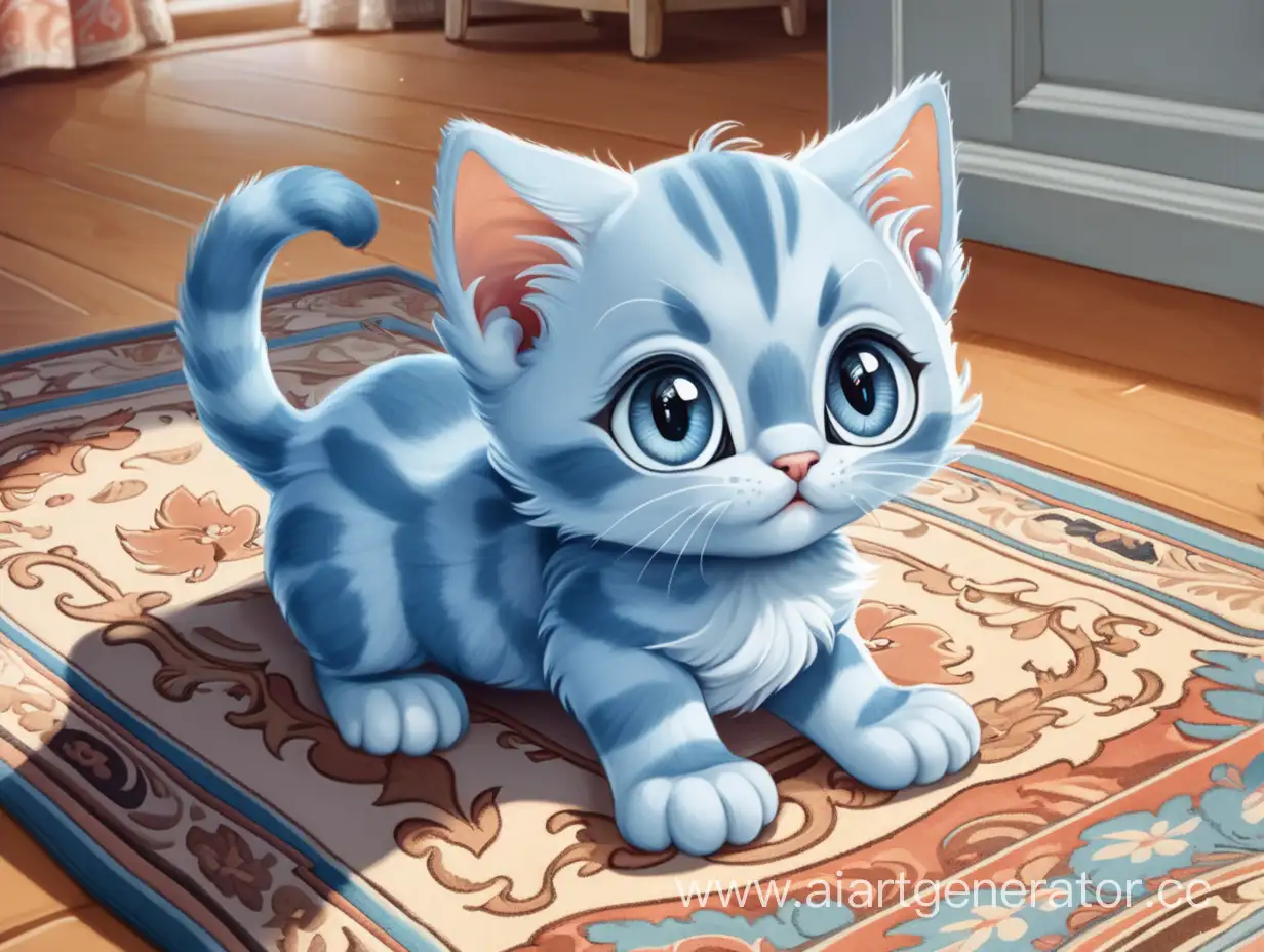Мультяшный голубой котик с яркими глазами сидит на коврике
