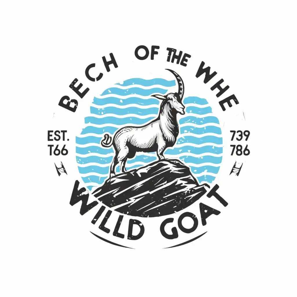 logo, Greek mountian goat with sharp horns on rocks overlooking the greek wavy ocean on black and white, with the text "Beach of the wild goat", typography, be used in Retail industry