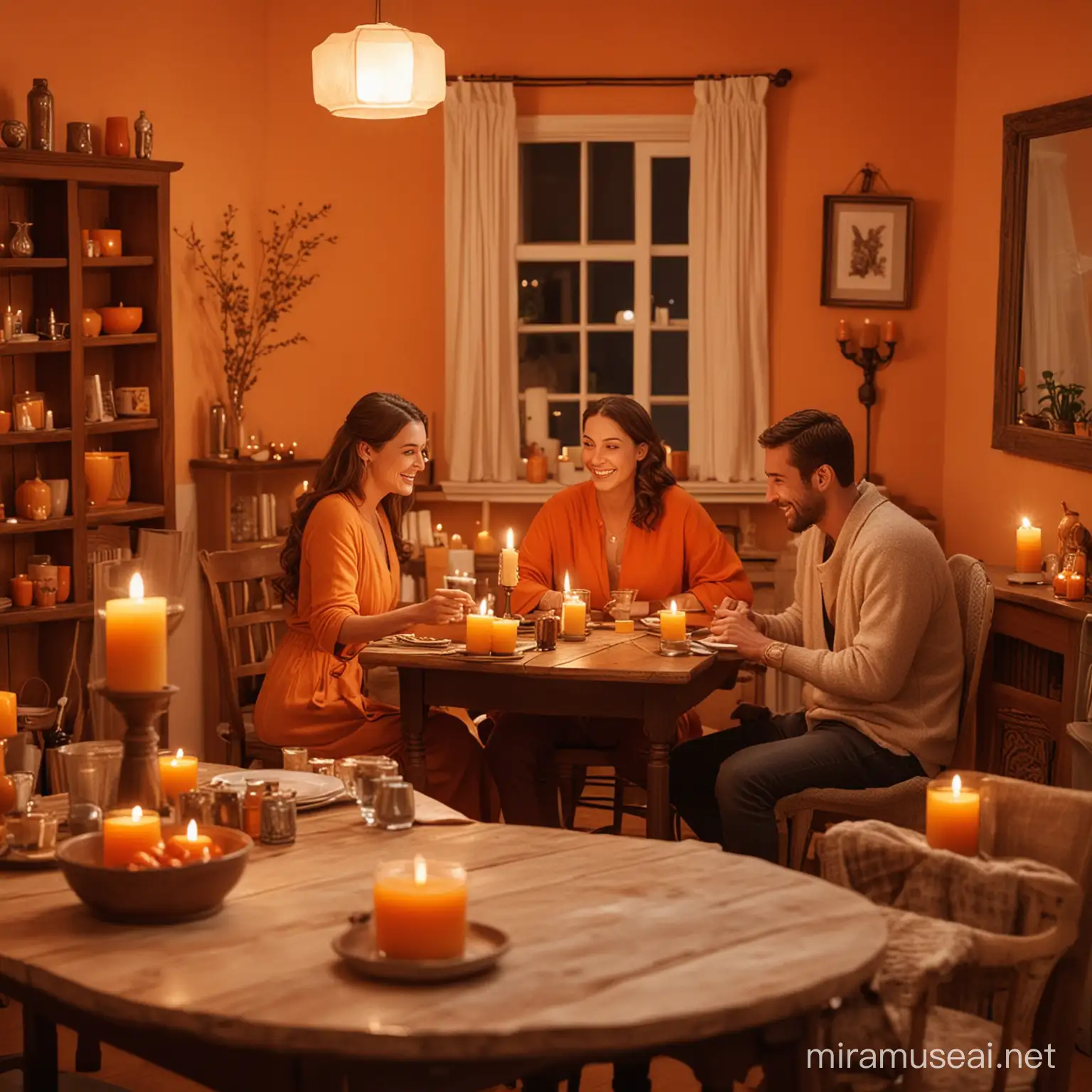 уютная комната, в интерьере есть оранжевый цвет, за столом улыбающиеся женщина и мужчина, на столе миниатюрная свеча.