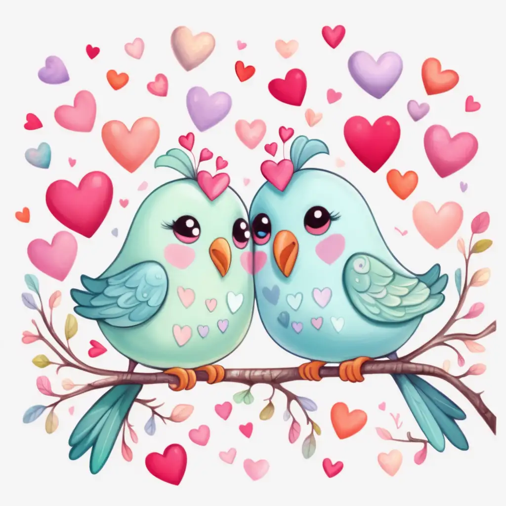 Cute,fairytale,
whimsical love birds, pastel,white background, with valentine hearts , sticker, bright,colorful