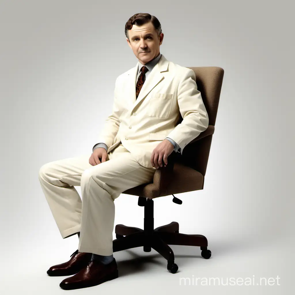 Dr. Watson, full body, cream suit, sit in a chair, body side view, white background