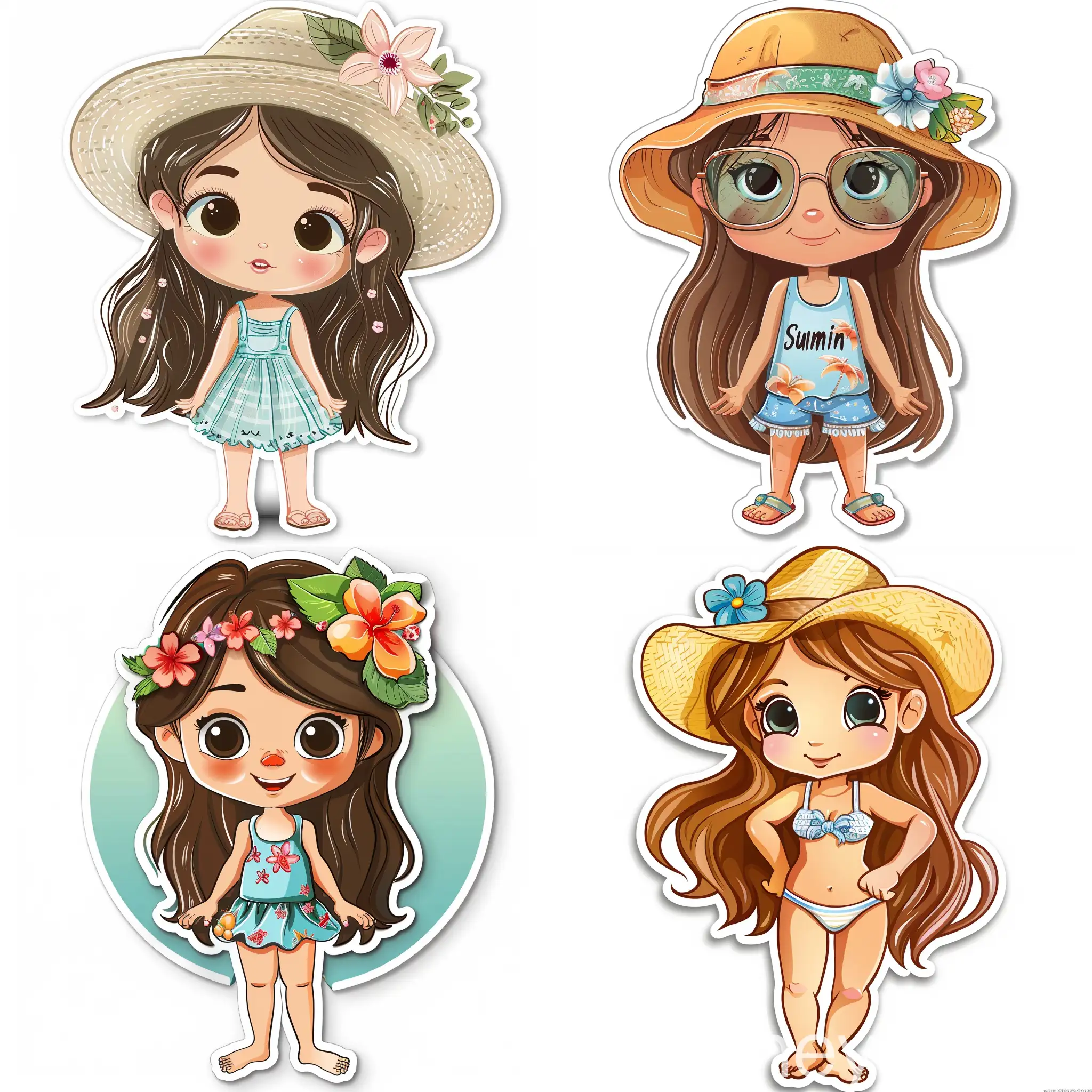 cartoon sticker of a little summer girl, in vector style, in high quality details