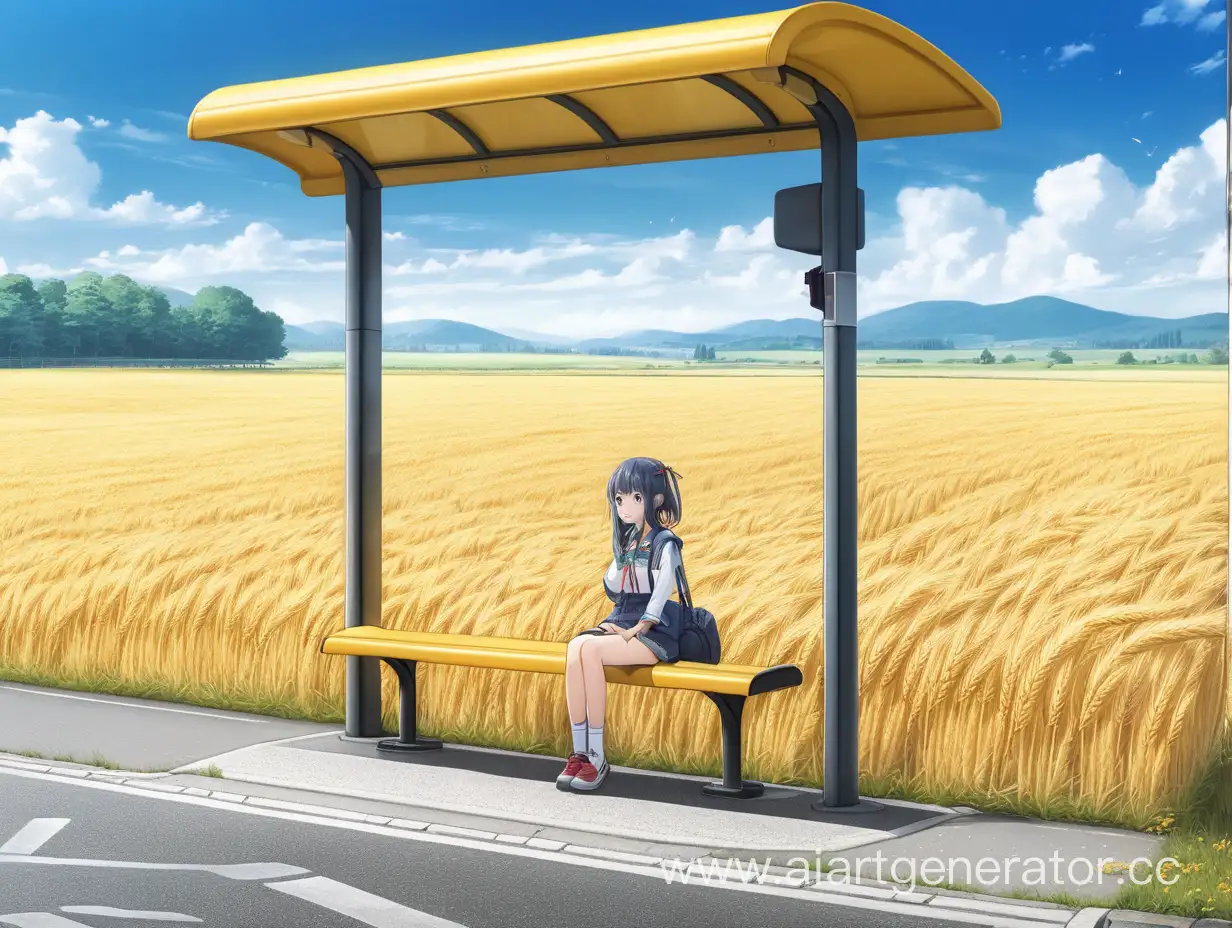 Остановка для автобуса посреди поля засеянного высокой жёлтой рожью. На остановке сидит красивая аниме девушка. Жёлтая рожь высотой в два метра, очень высокая. Тропинка к остановке 