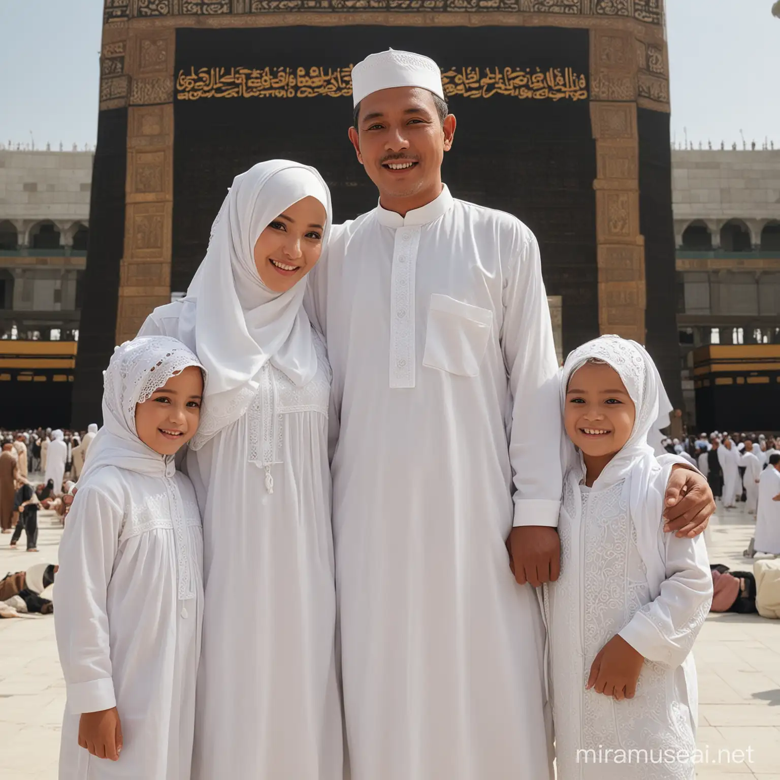 keluarga indonesia, ayah memakai baju koko putih dan berpeci putih, ibu memakai gamis putih, anak laki-laki berumur 20 tahun memakai baju koko putih dan berpeci putih, anak perem puan berumur 17 tahum bergamis putih, anak perempuan berumur 10 tahun bergamis putih, di depan ka'bah, realistic, 4k, nyata.