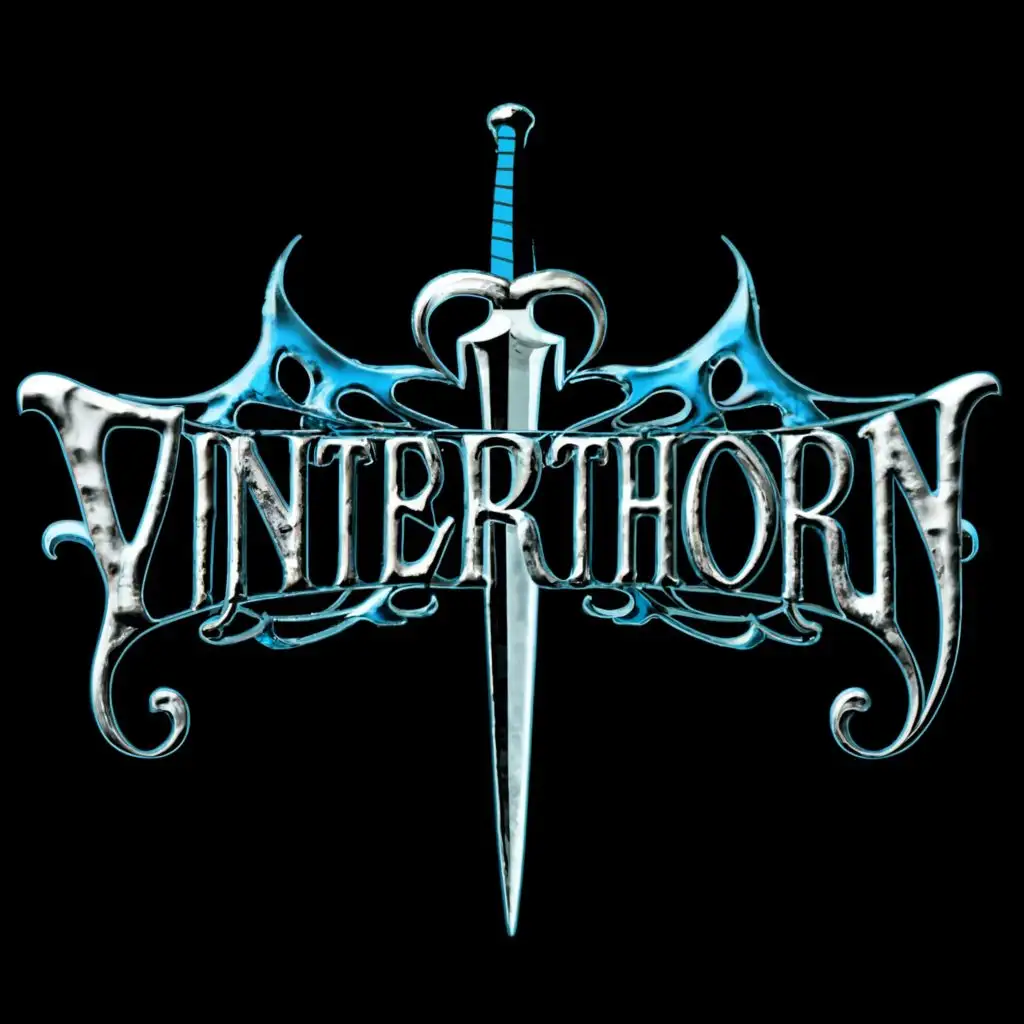 logo, Word in Black Metal look on a black background, drawn in white pencil lines and highlighted in multiple shades of blue. Also there should be a spear piercing through the word from left to right., with the text "Vinterthorn", typography, be used in Entertainment industry