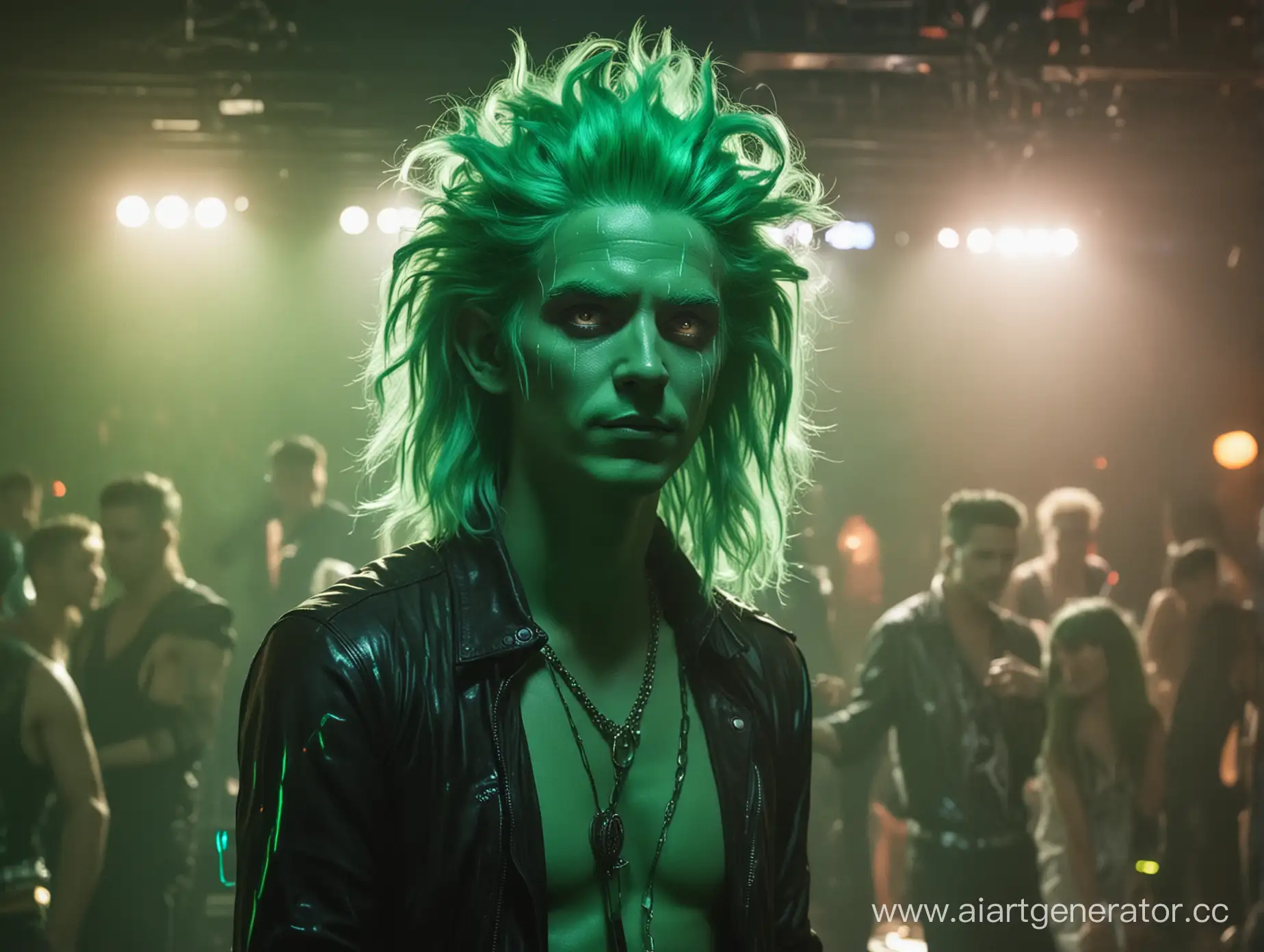 бог подземного мира со светящимися зелеными волосами в полный рост на дискотеке в подземном царстве