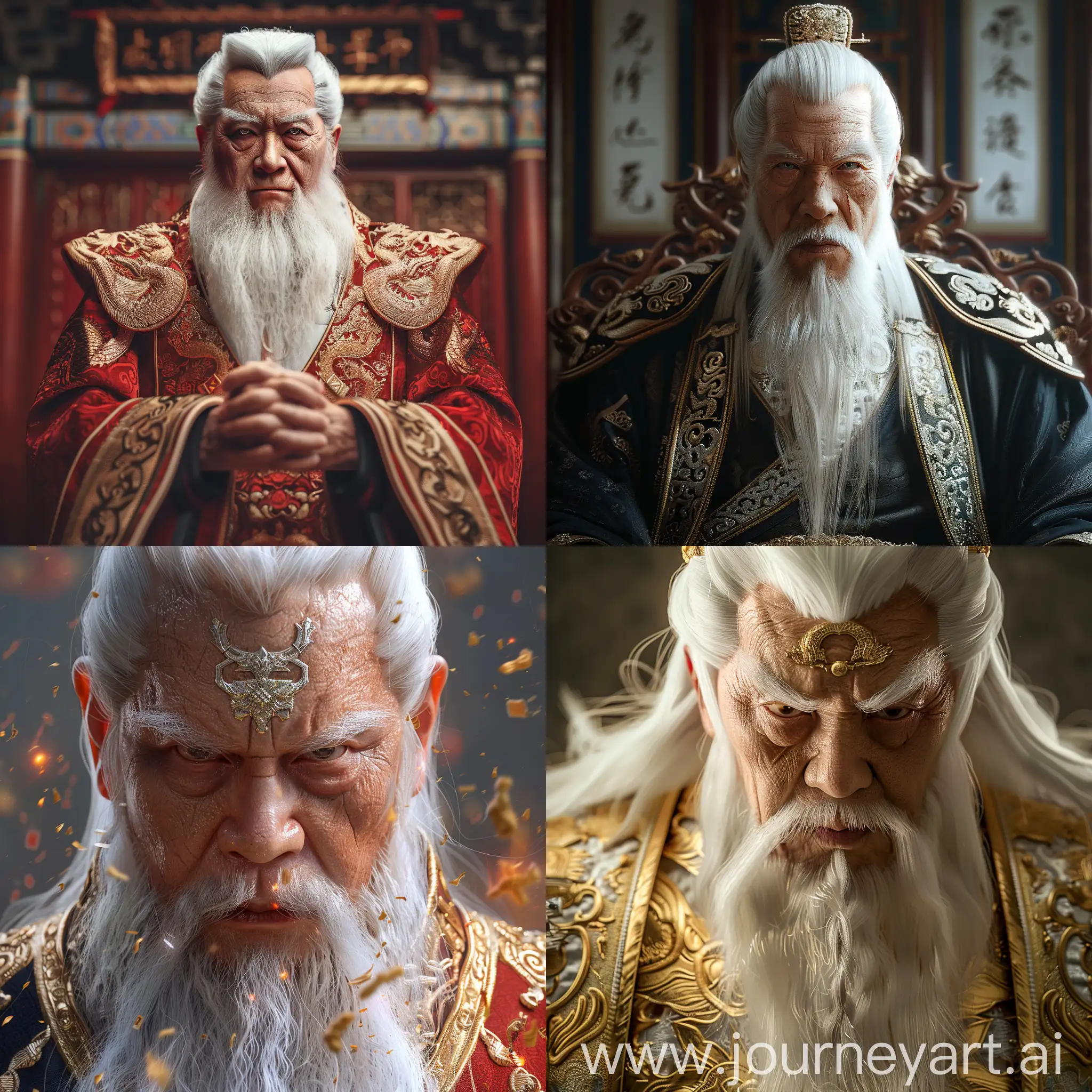 mysterious, extraordinary, spiritual, omnipotent, white-haired, grandfather, 70s, angry, handsome, king, King Yeomra, white beard, full body, 8k, extra realistic, chinese king